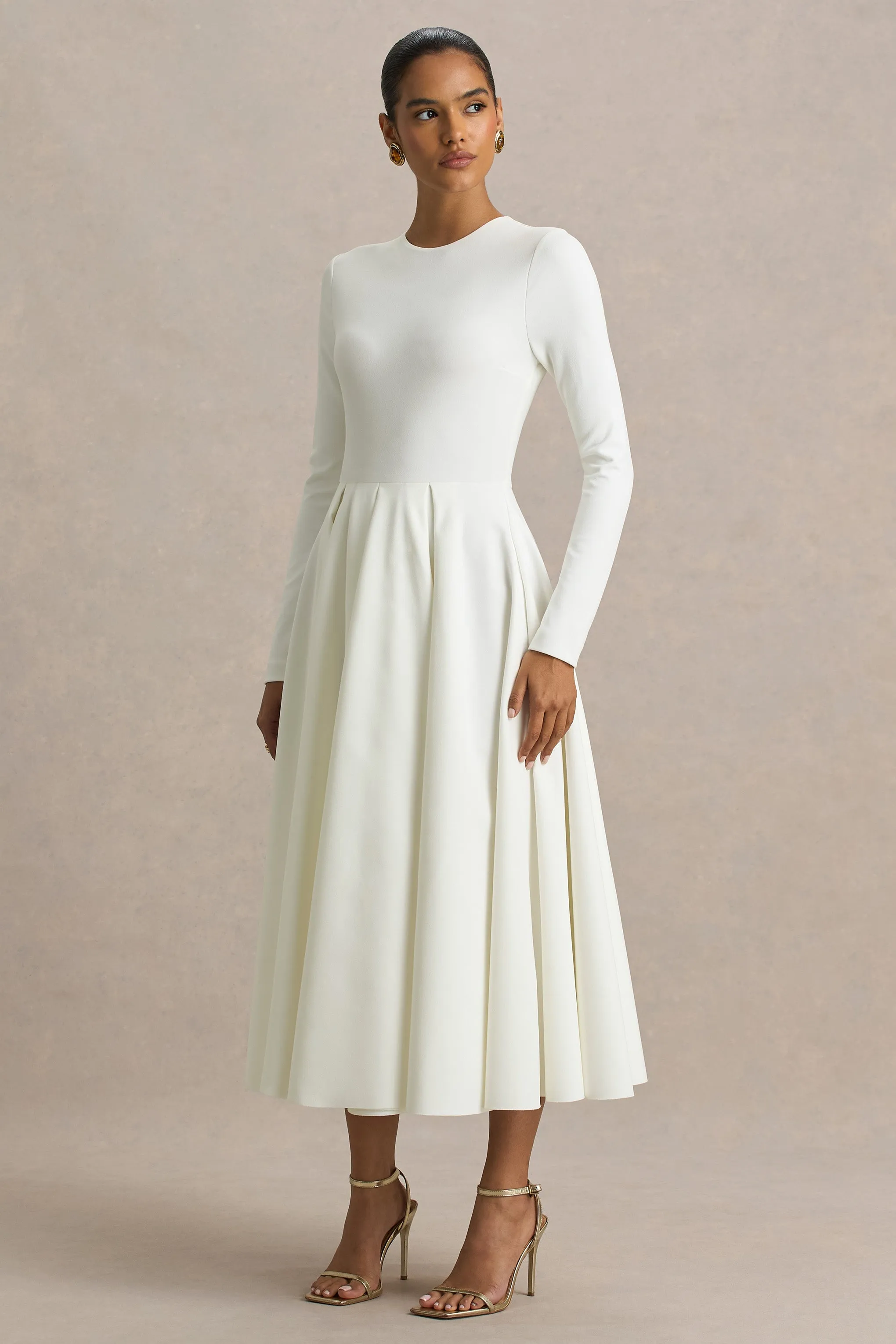 Bellamy | Cream Crew-Neck Long Sleeve Midi Dress sold by Club L London product image thumbnail 3