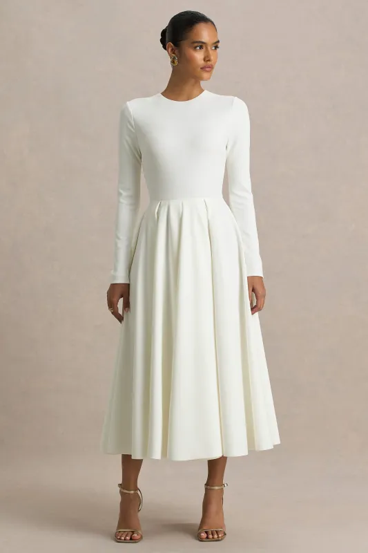 Bellamy | Cream Crew-Neck Long Sleeve Midi Dress sold by Club L London