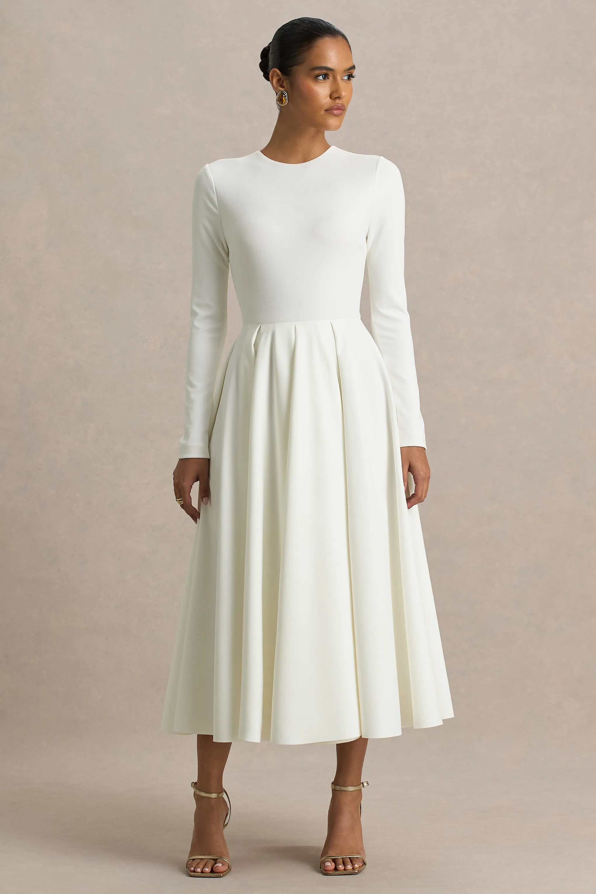 Bellamy | Cream Crew-Neck Long Sleeve Midi Dress sold by Club L London