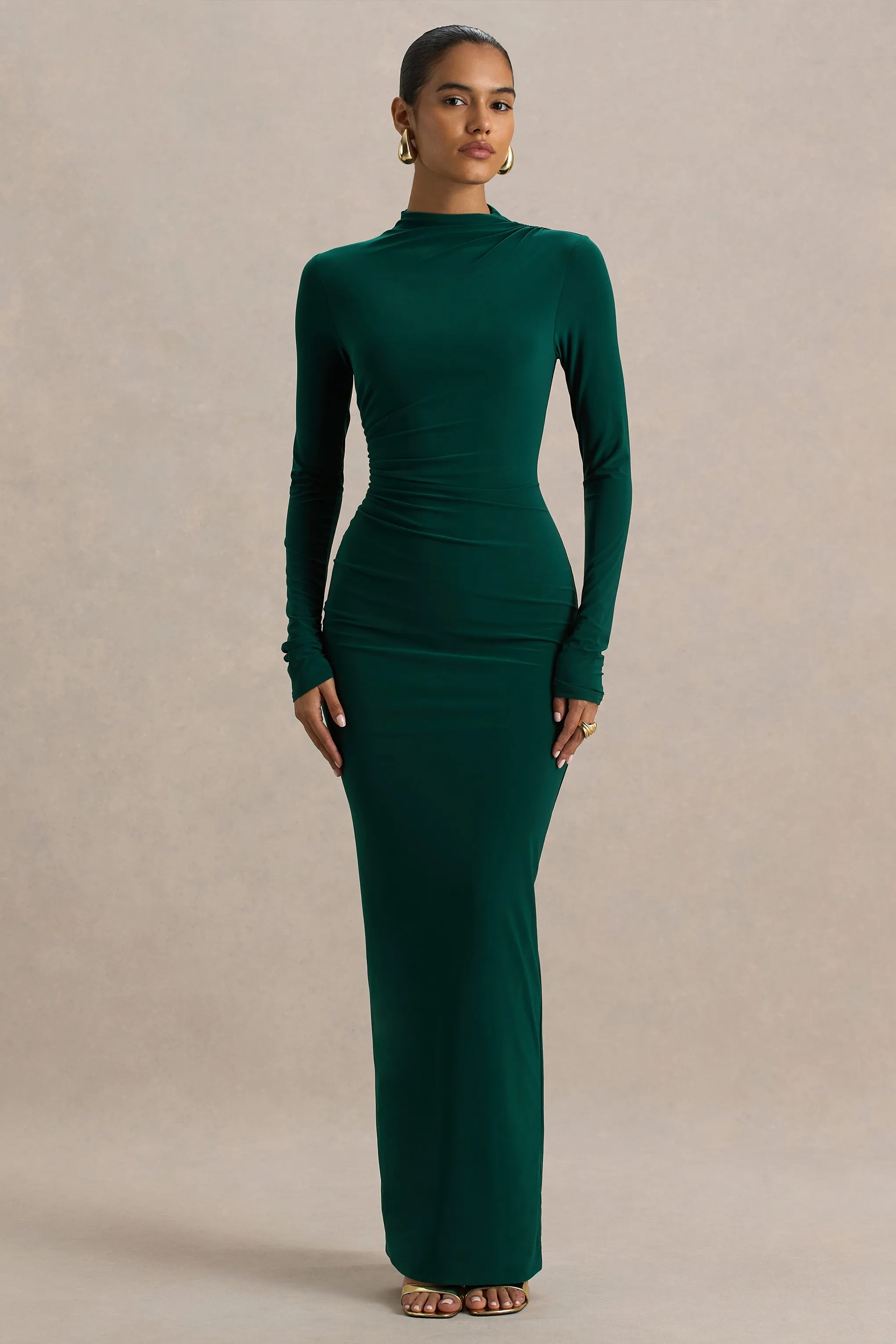 Eden | Bottle Green High-Neck Maxi Dress With Ruched Detailing sold by Club L London
