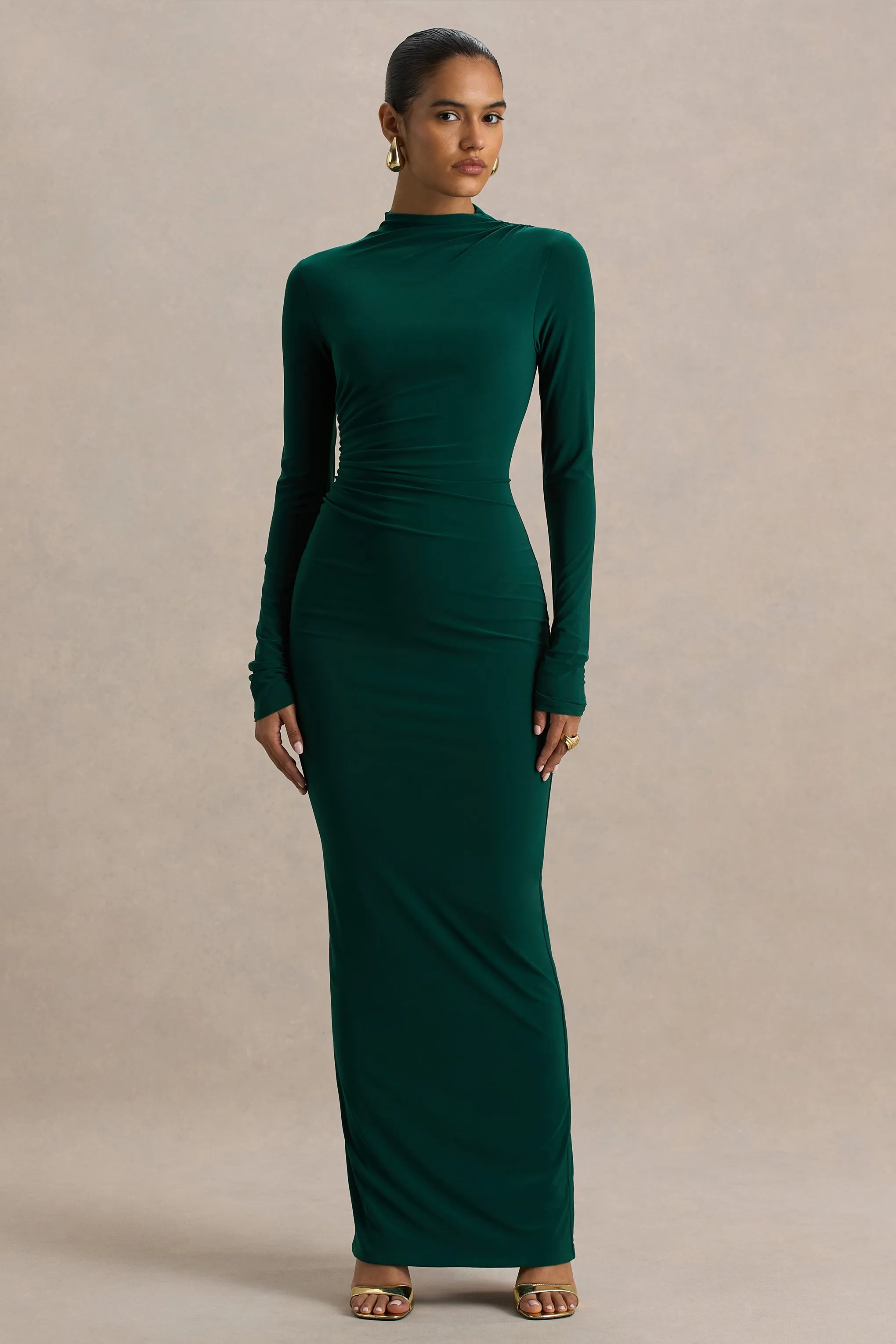 Eden | Bottle Green High-Neck Maxi Dress With Ruched Detailing sold by Club L London product image thumbnail 5