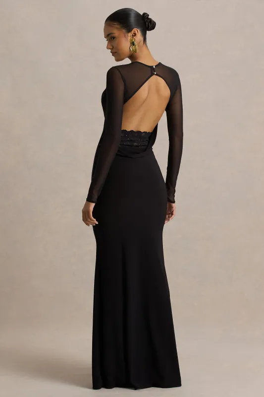 Bethan | Black Cowl-Neck Maxi Dress With Mesh Sleeves And Open-Back sold by Club L London
