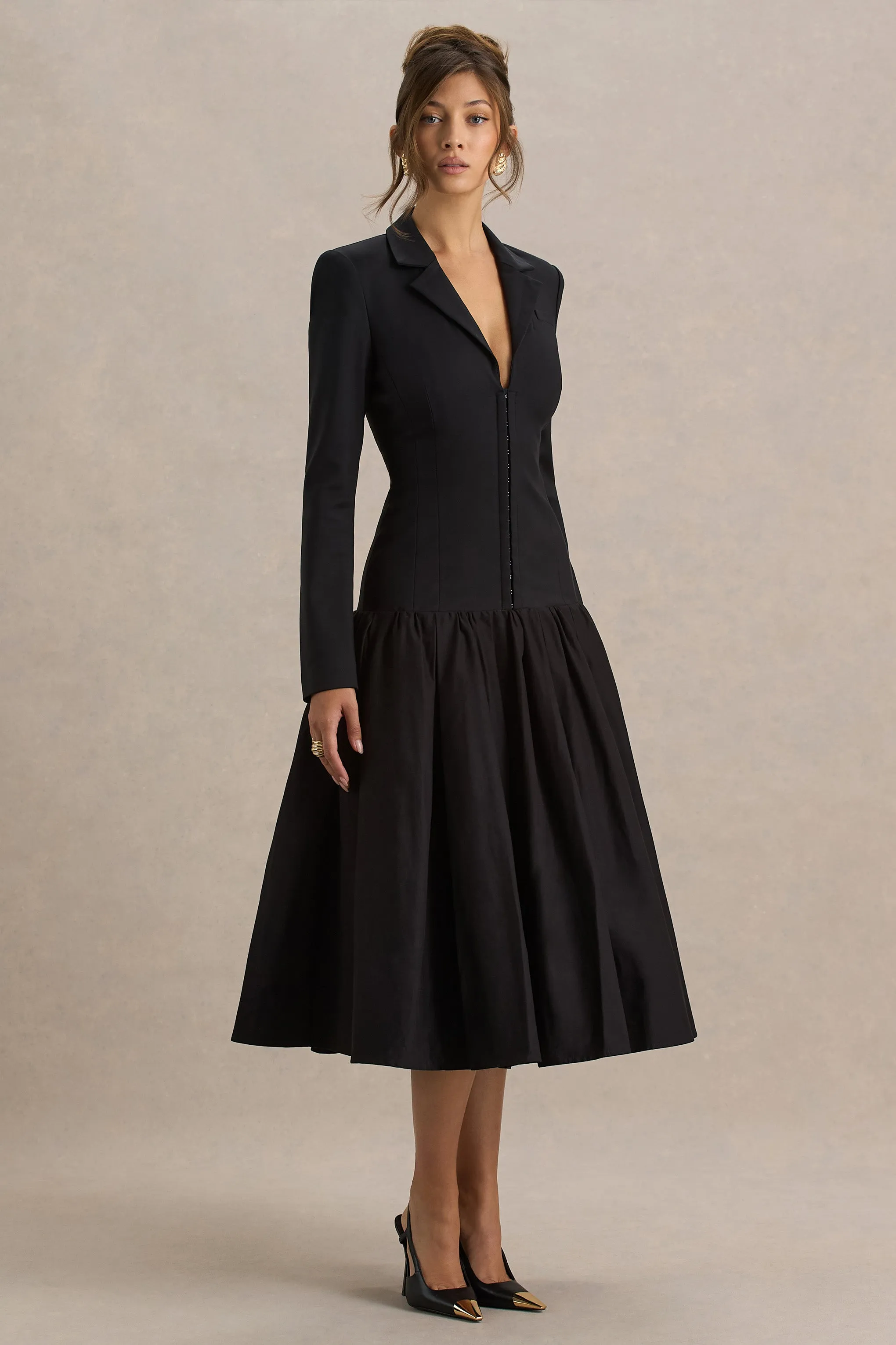 Cosmopolitan | Black Plunge-Neck Tailored Midi Dress With Pleated Hem sold by Club L London