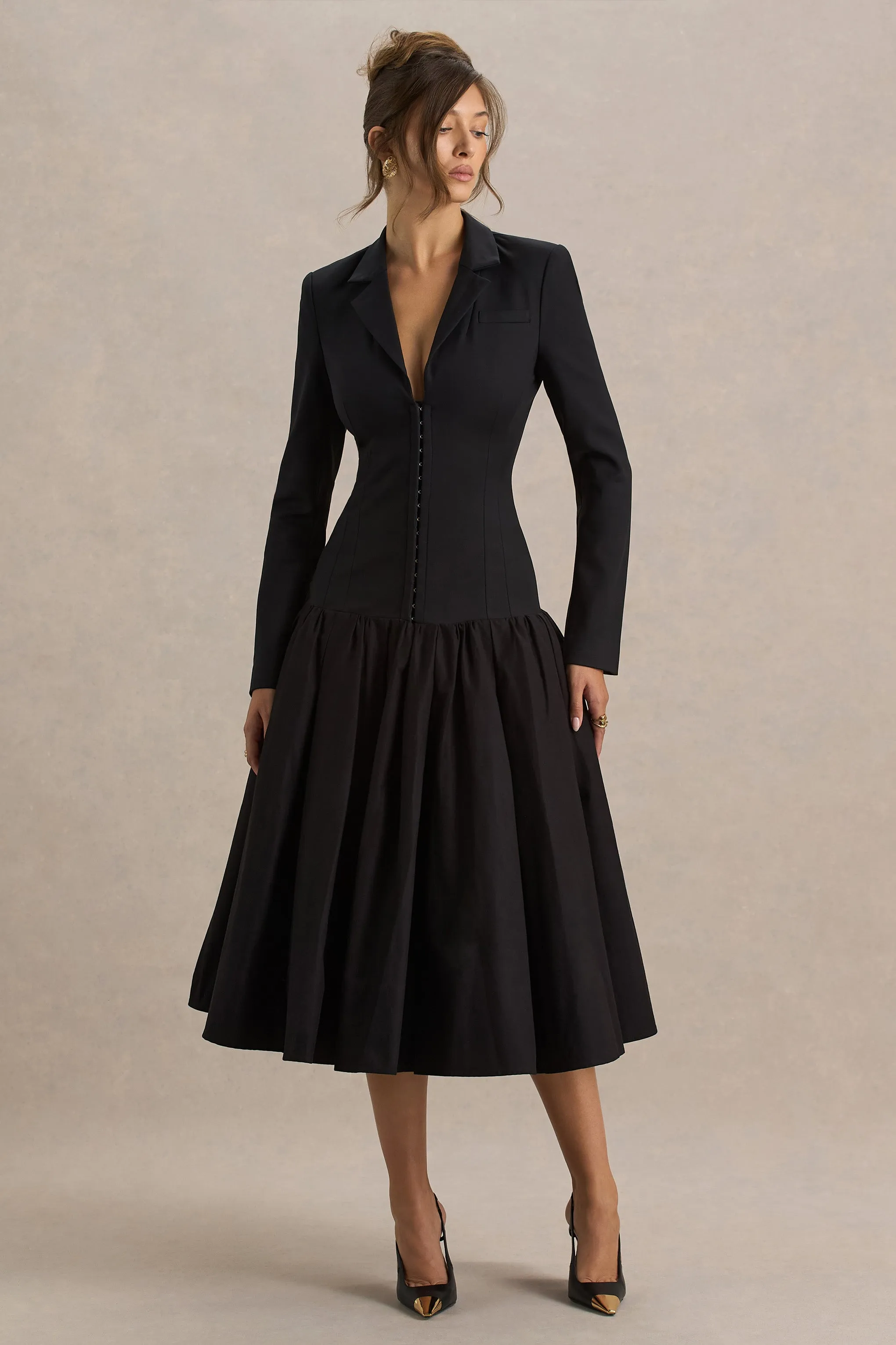 Cosmopolitan | Black Plunge-Neck Tailored Midi Dress With Pleated Hem sold by Club L London product image thumbnail 5
