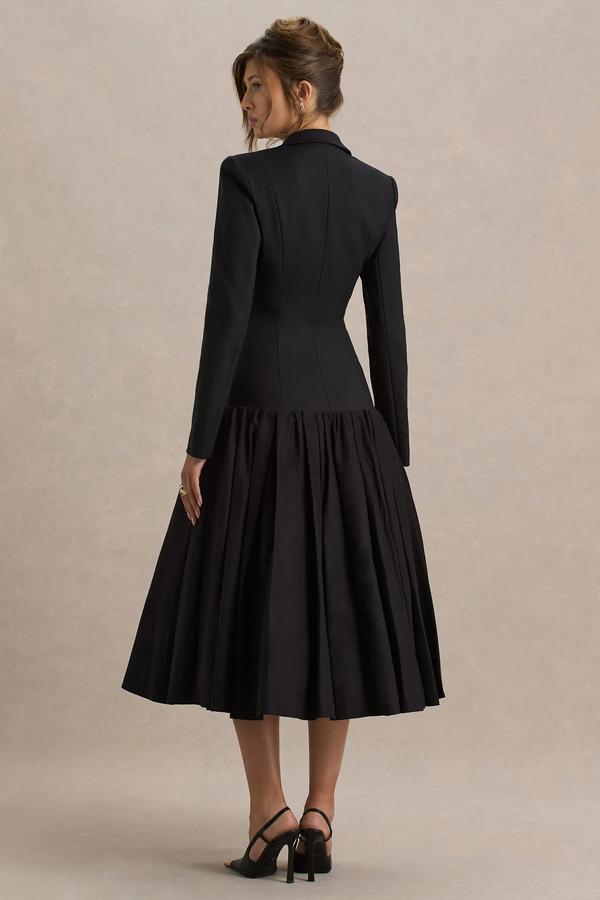 Cosmopolitan | Black Plunge-Neck Tailored Midi Dress With Pleated Hem sold by Club L London product image thumbnail 2