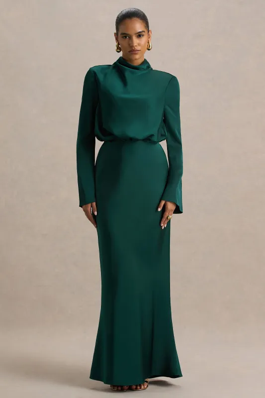 Celina | Bottle Green Satin High-Neck Maxi Dress sold by Club L London