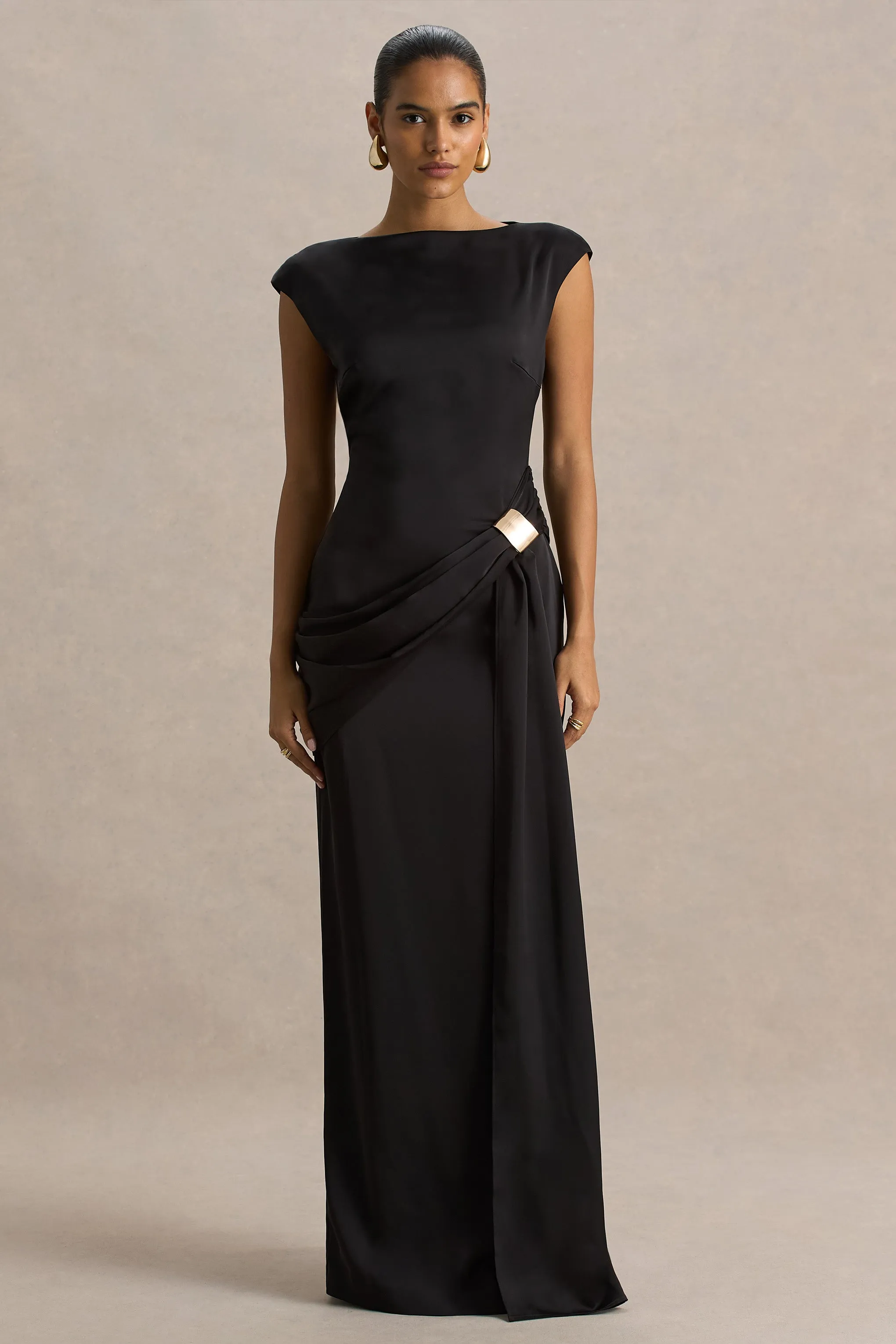 Influence | Black Satin Slashed-Neck Maxi Dress With Embellished and Ruched Details sold by Club L London product image thumbnail 5