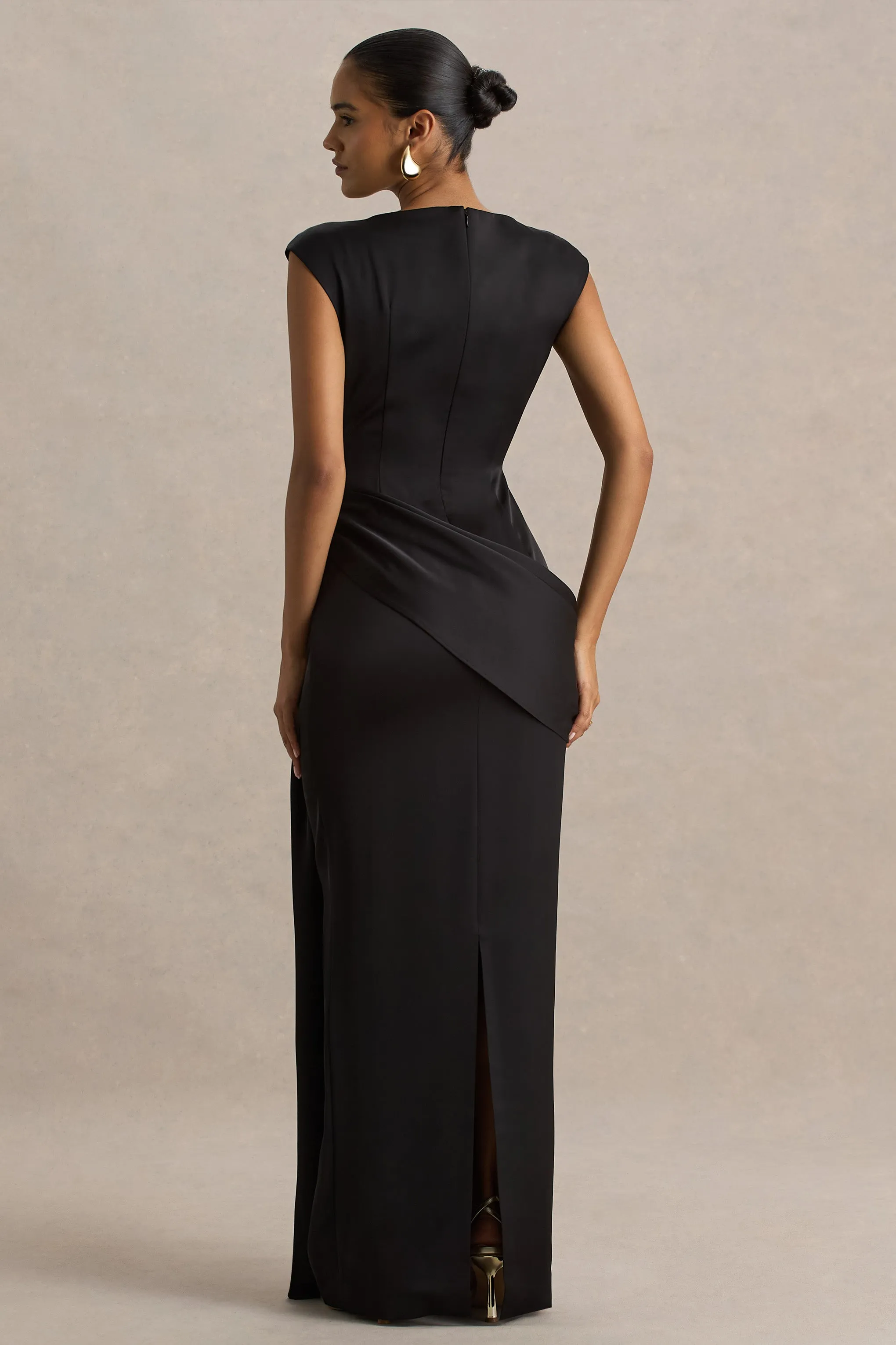 Influence | Black Satin Slashed-Neck Maxi Dress With Embellished and Ruched Details sold by Club L London product image thumbnail 2