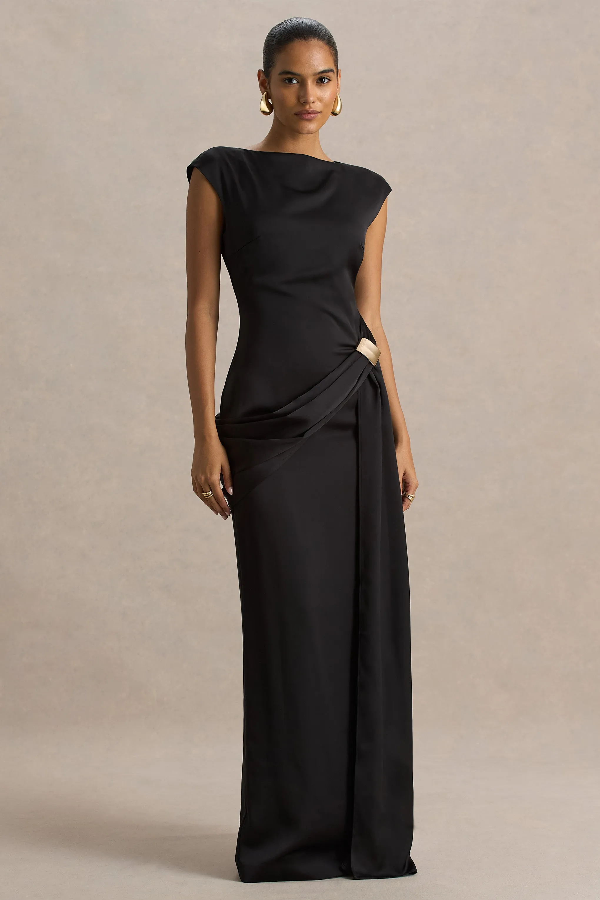 Influence | Black Satin Slashed-Neck Maxi Dress With Embellished and Ruched Details sold by Club L London product image thumbnail 3