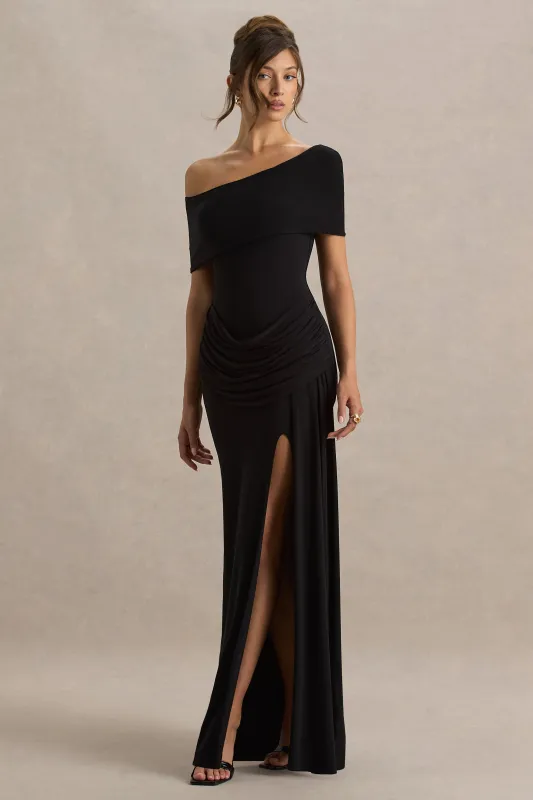 Dynasty | Black Asymmetric-Neck Maxi Dress With Ruched Detailing And Front High-Split sold by Club L London