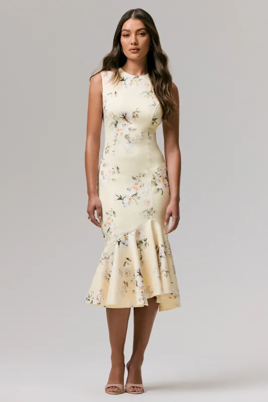 Priceless | Lemon Print Crew-Neck Fishtail Midi Dress sold by Club L London