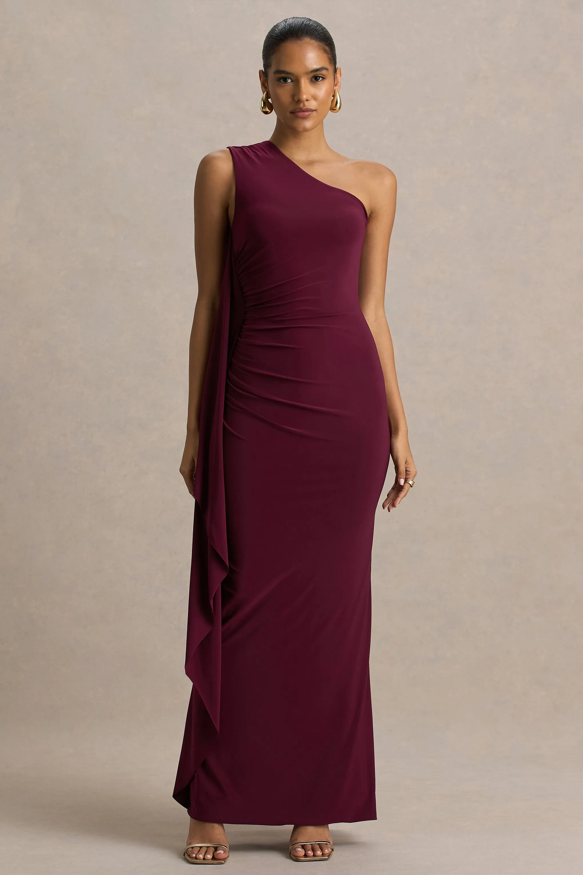 Adelina | Burgundy One-Shoulder Maxi Dress With Drape sold by Club L London