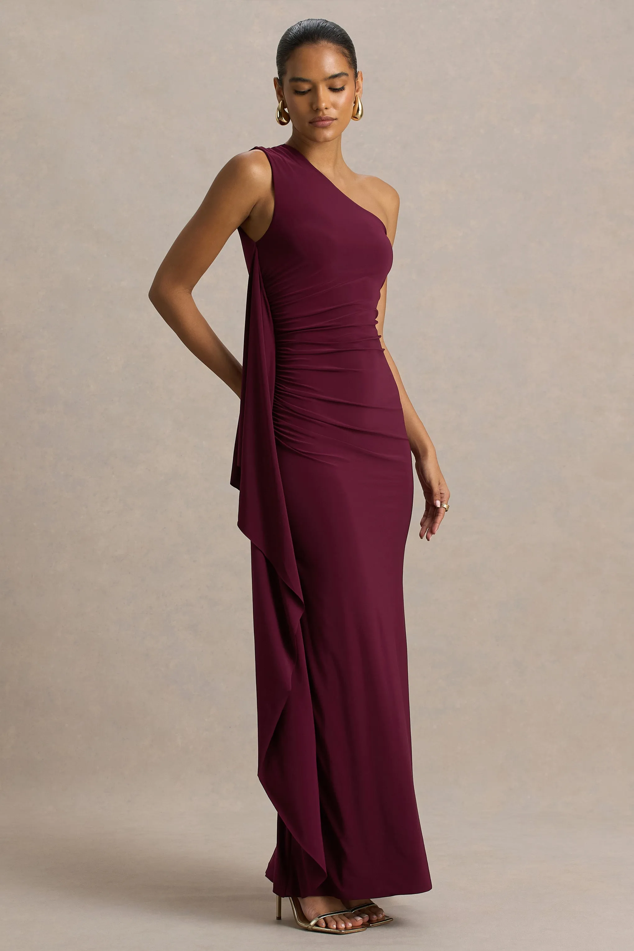 Adelina | Burgundy One-Shoulder Maxi Dress With Drape sold by Club L London product image thumbnail 5