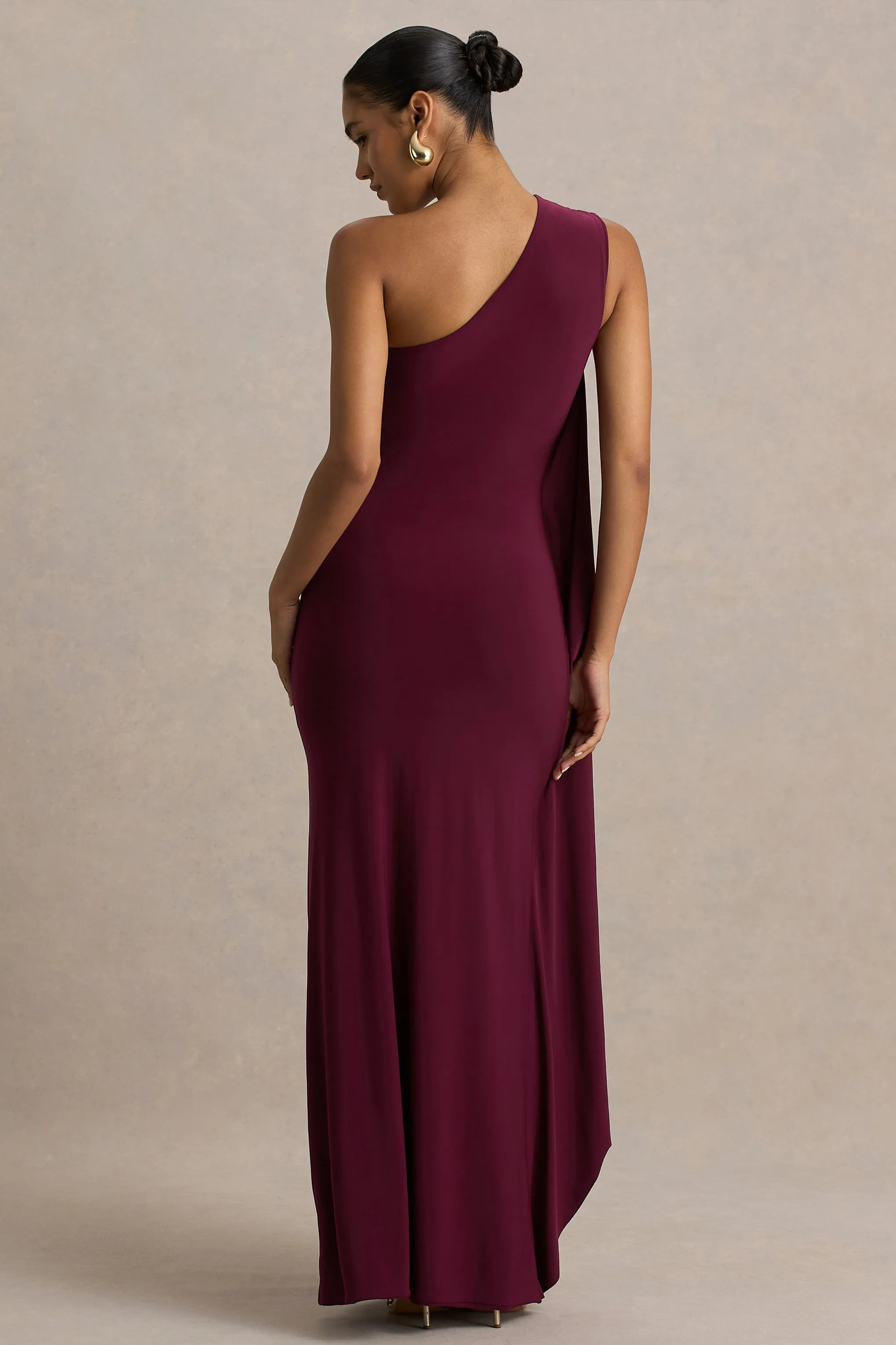 Adelina | Burgundy One-Shoulder Maxi Dress With Drape sold by Club L London product image thumbnail 2