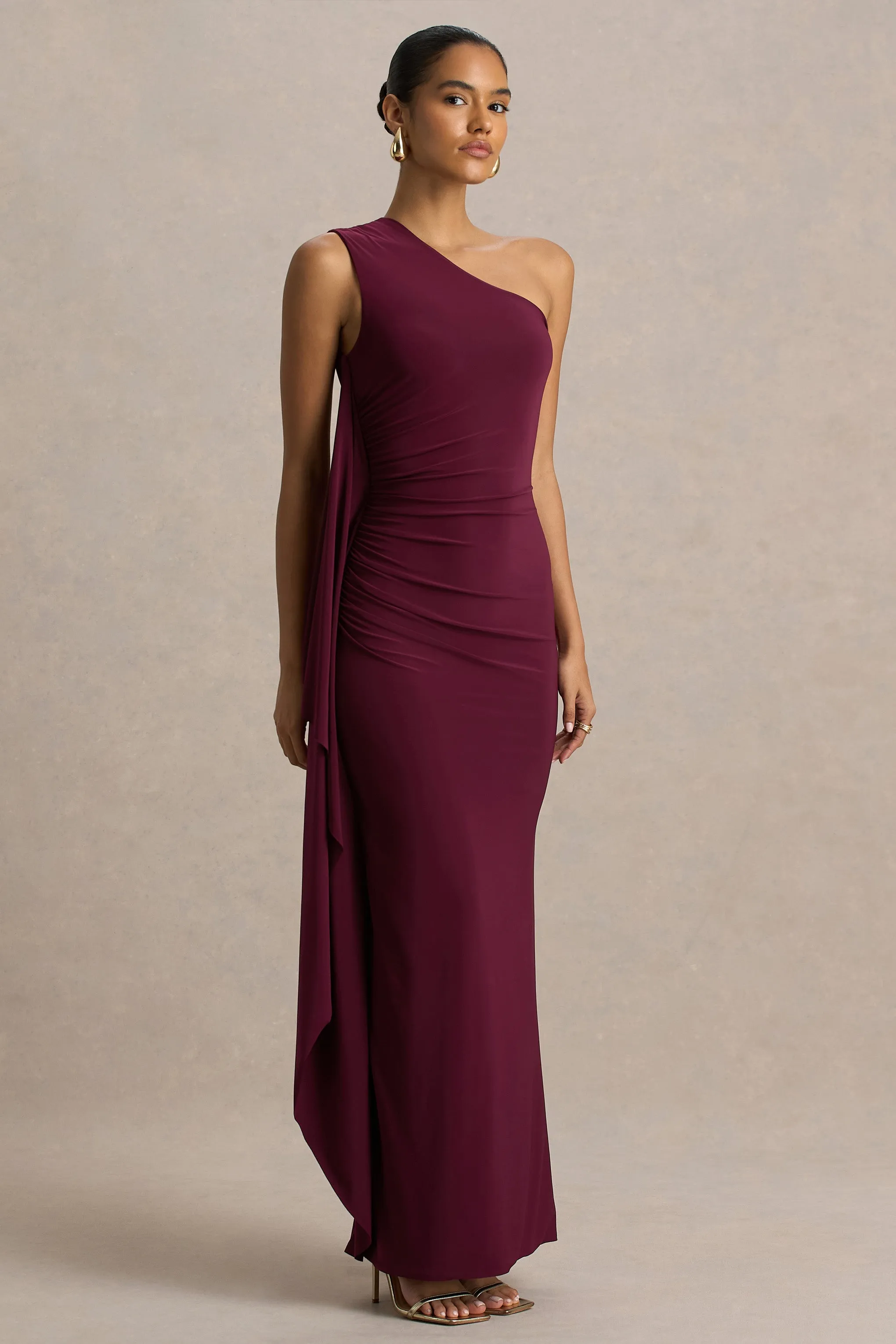 Adelina | Burgundy One-Shoulder Maxi Dress With Drape sold by Club L London product image thumbnail 3