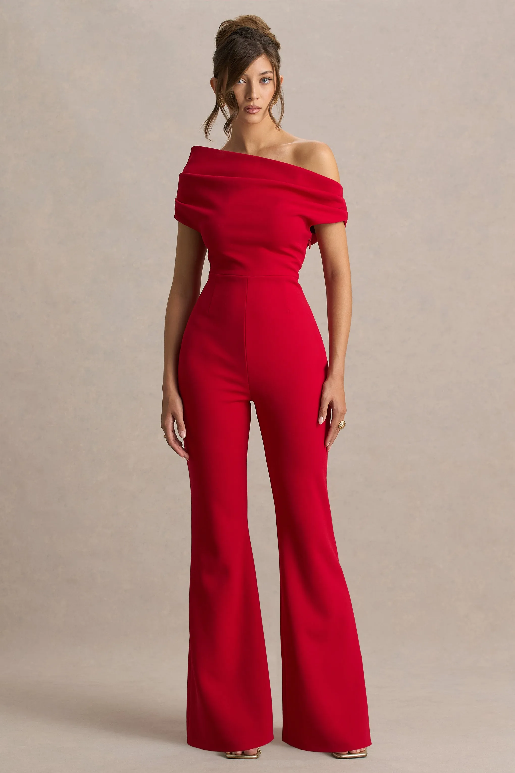Alexandra | Red Asymmetric Draped Jumpsuit sold by Club L London