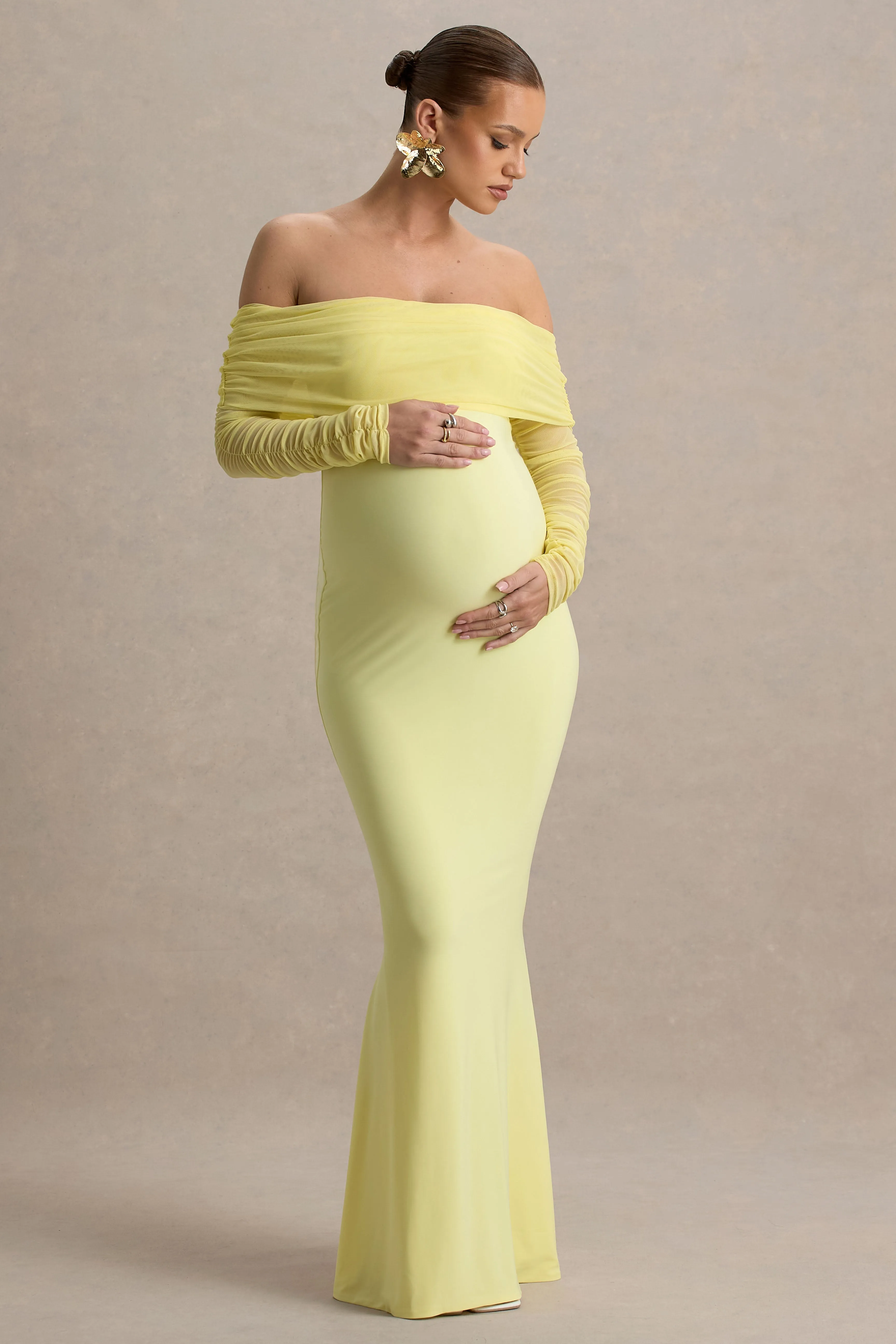 Pretty Perfect | Lemon Maternity Ruched Mesh Bardot Maxi Dres sold by Club L London