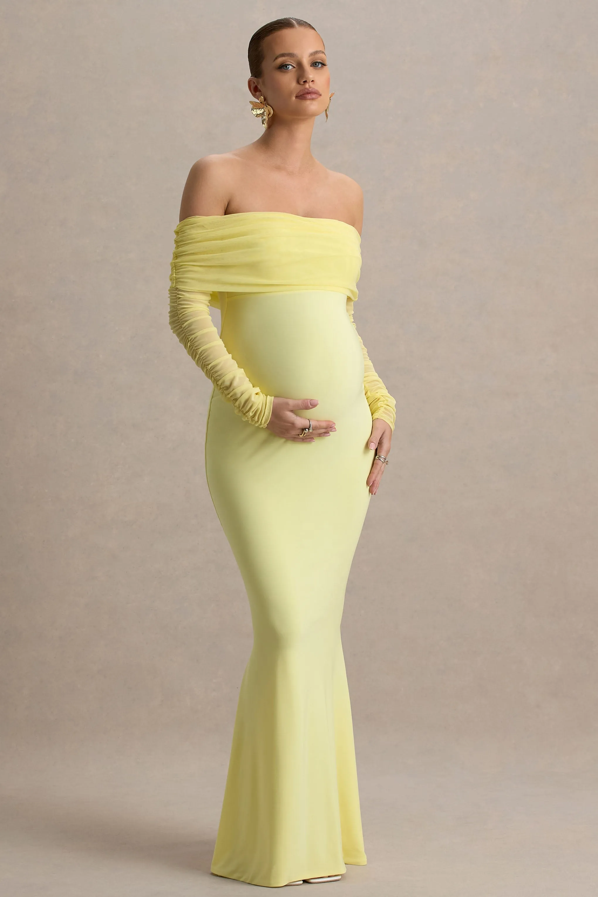 Pretty Perfect | Lemon Maternity Ruched Mesh Bardot Maxi Dres sold by Club L London product image thumbnail 4