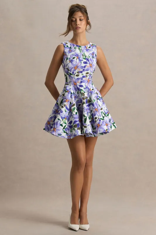 Gabrielle | Purple Lily Print Boat-Neck Skater Mini Dress made by Club L London