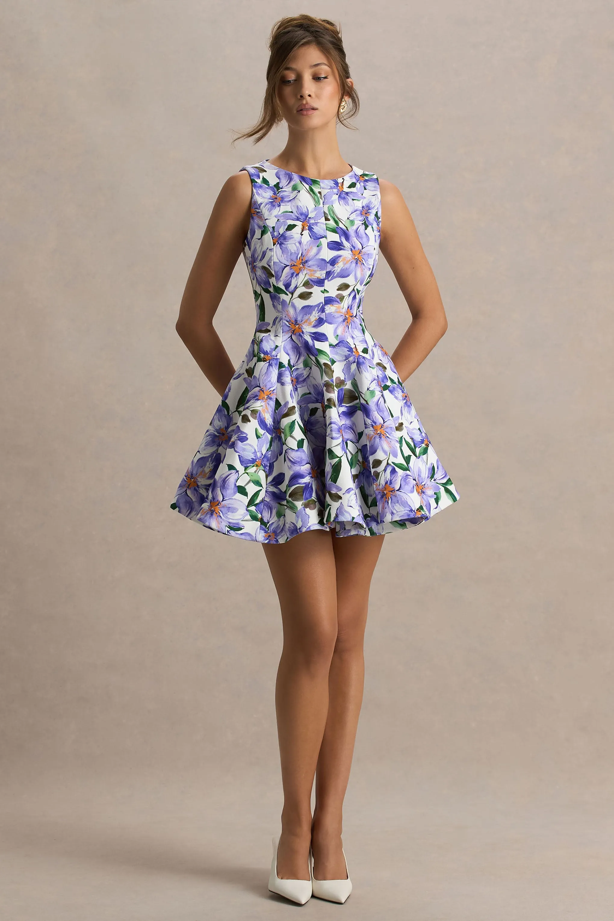 Gabrielle | Purple Lily Print Boat-Neck Skater Mini Dress sold by Club L London