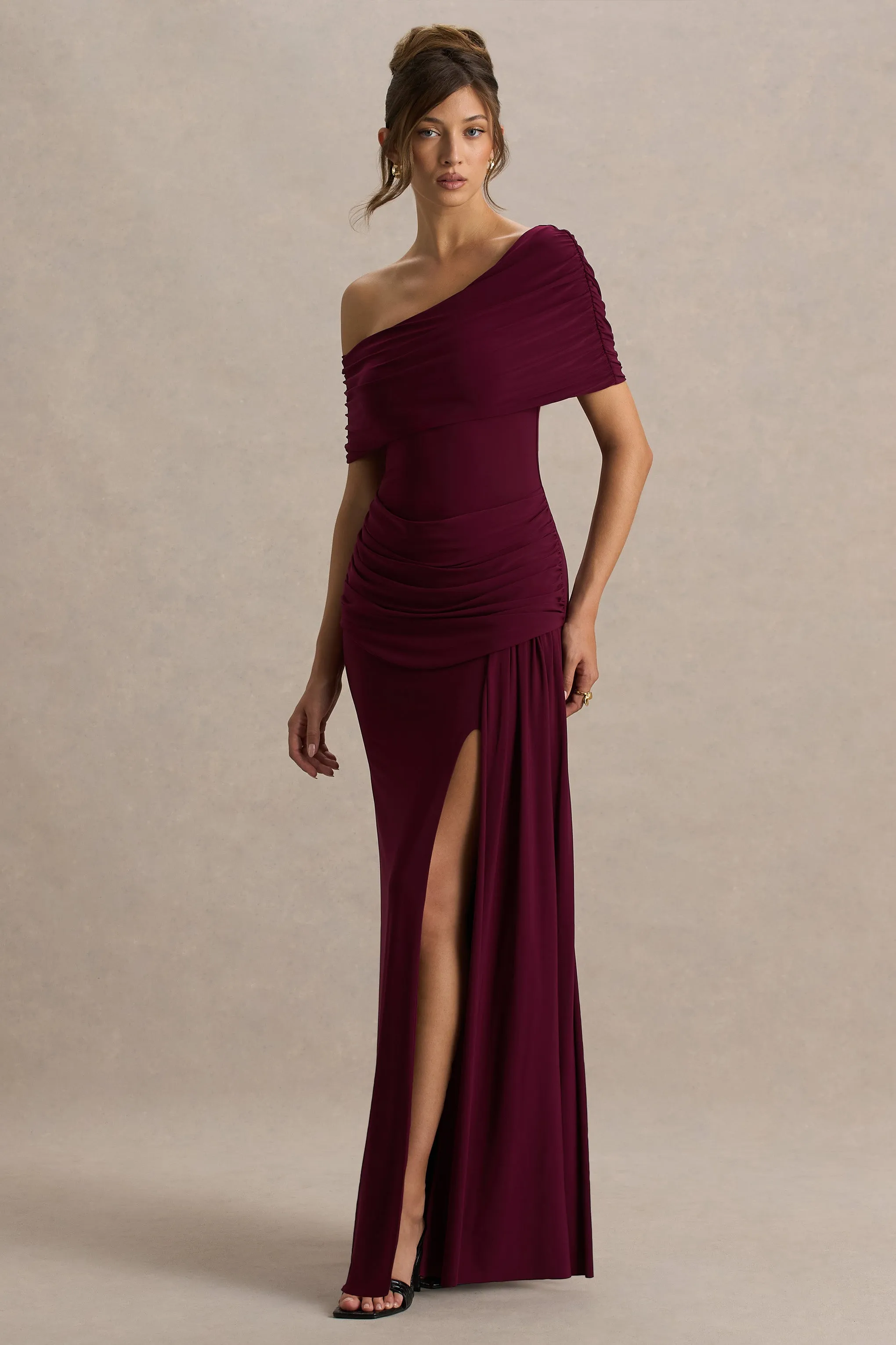 Dynasty | Burgundy Asymmetric-Neck Maxi Dress With Ruched Detailing And Front High-Split sold by Club L London product image thumbnail 4