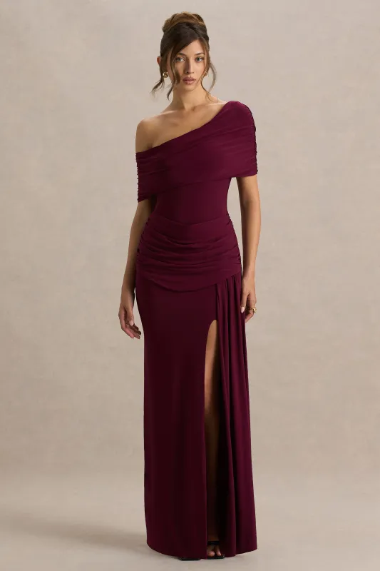Dynasty | Burgundy Asymmetric-Neck Maxi Dress With Ruched Detailing And Front High-Split sold by Club L London