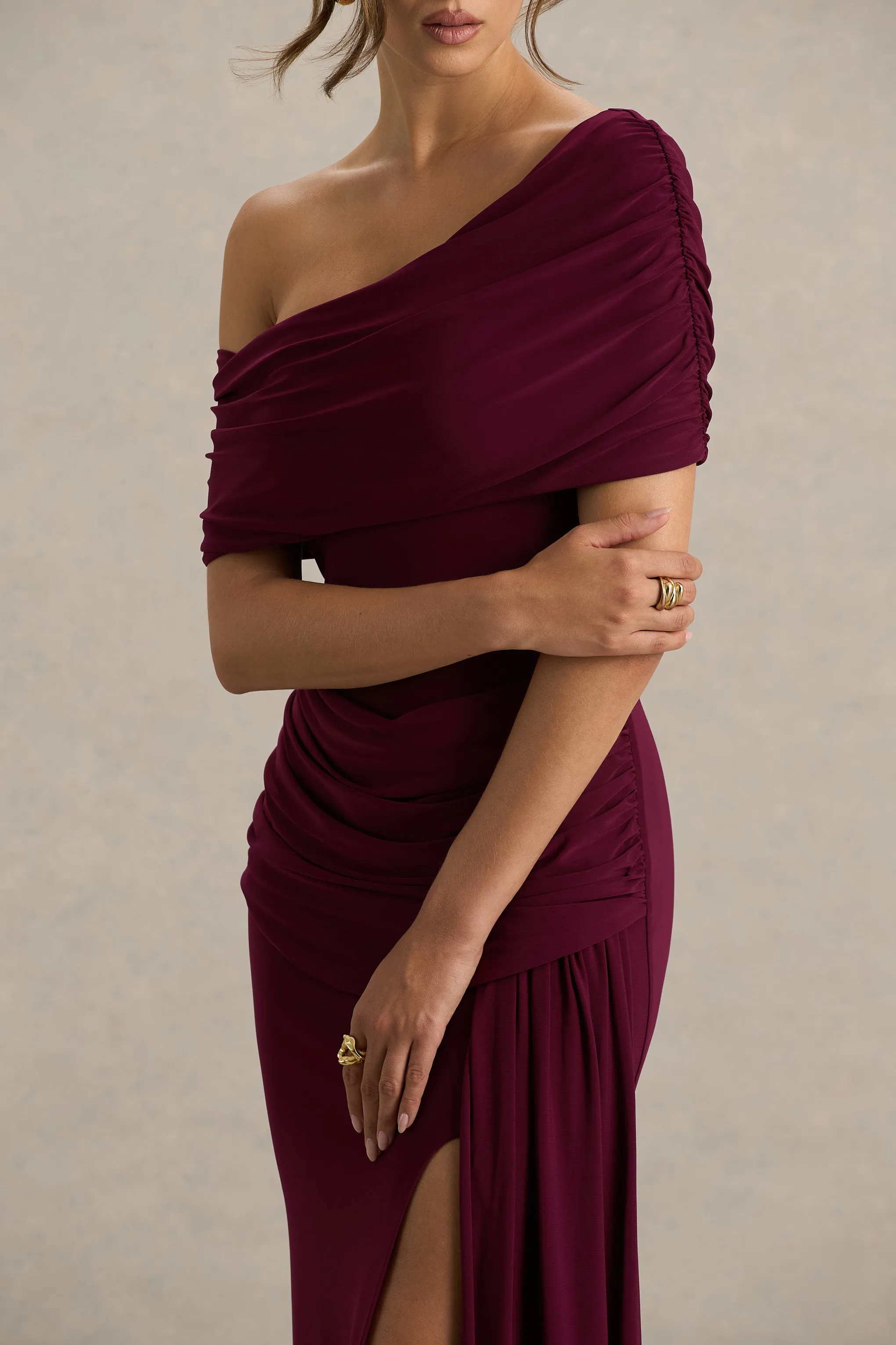 Dynasty | Burgundy Asymmetric-Neck Maxi Dress With Ruched Detailing And Front High-Split sold by Club L London product image thumbnail 5
