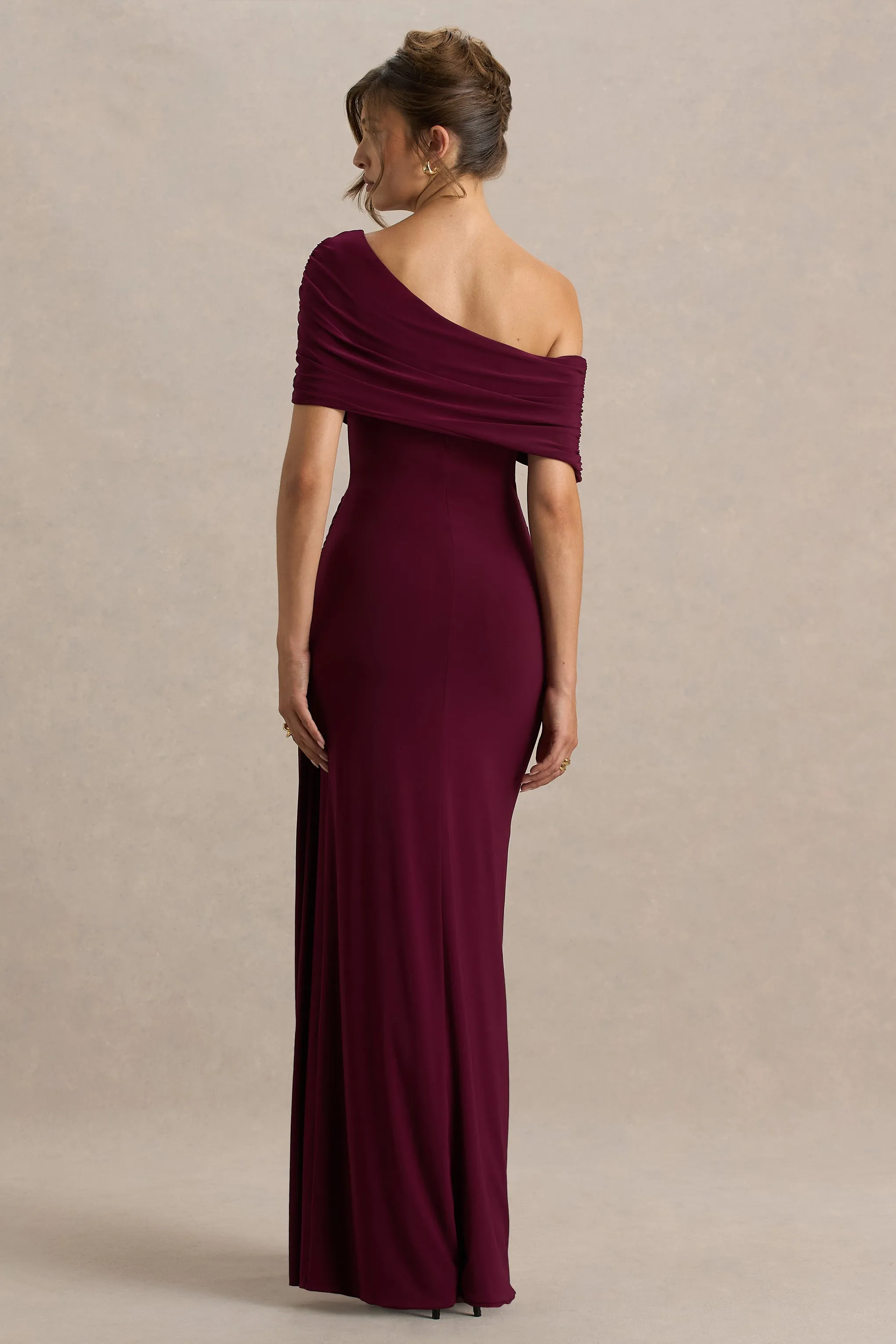 Dynasty | Burgundy Asymmetric-Neck Maxi Dress With Ruched Detailing And Front High-Split sold by Club L London product image thumbnail 2
