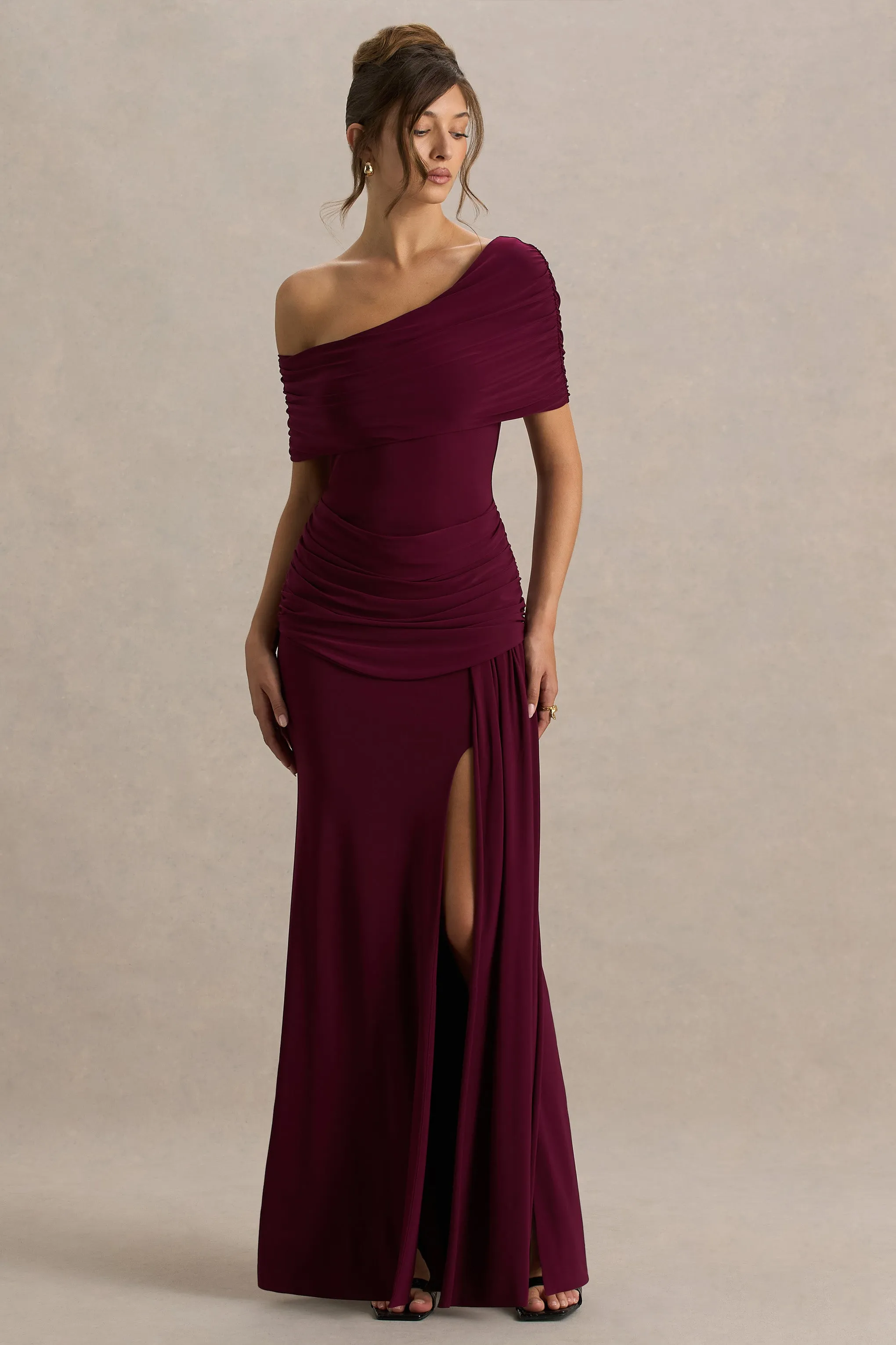 Dynasty | Burgundy Asymmetric-Neck Maxi Dress With Ruched Detailing And Front High-Split sold by Club L London product image thumbnail 3