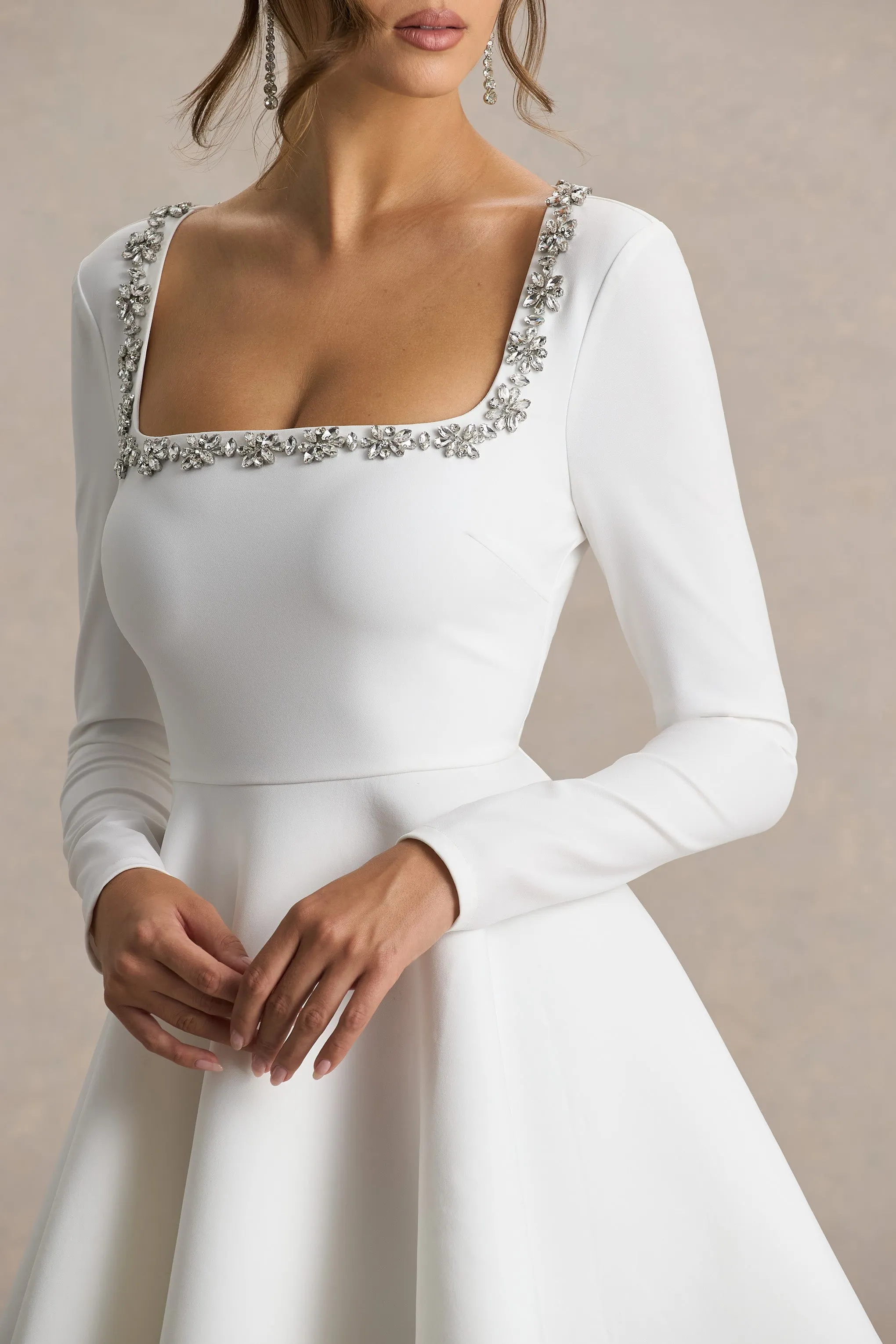 Astonish | White Long-Sleeve Embellished Mini Dress With Volume Skirt sold by Club L London product image thumbnail 5