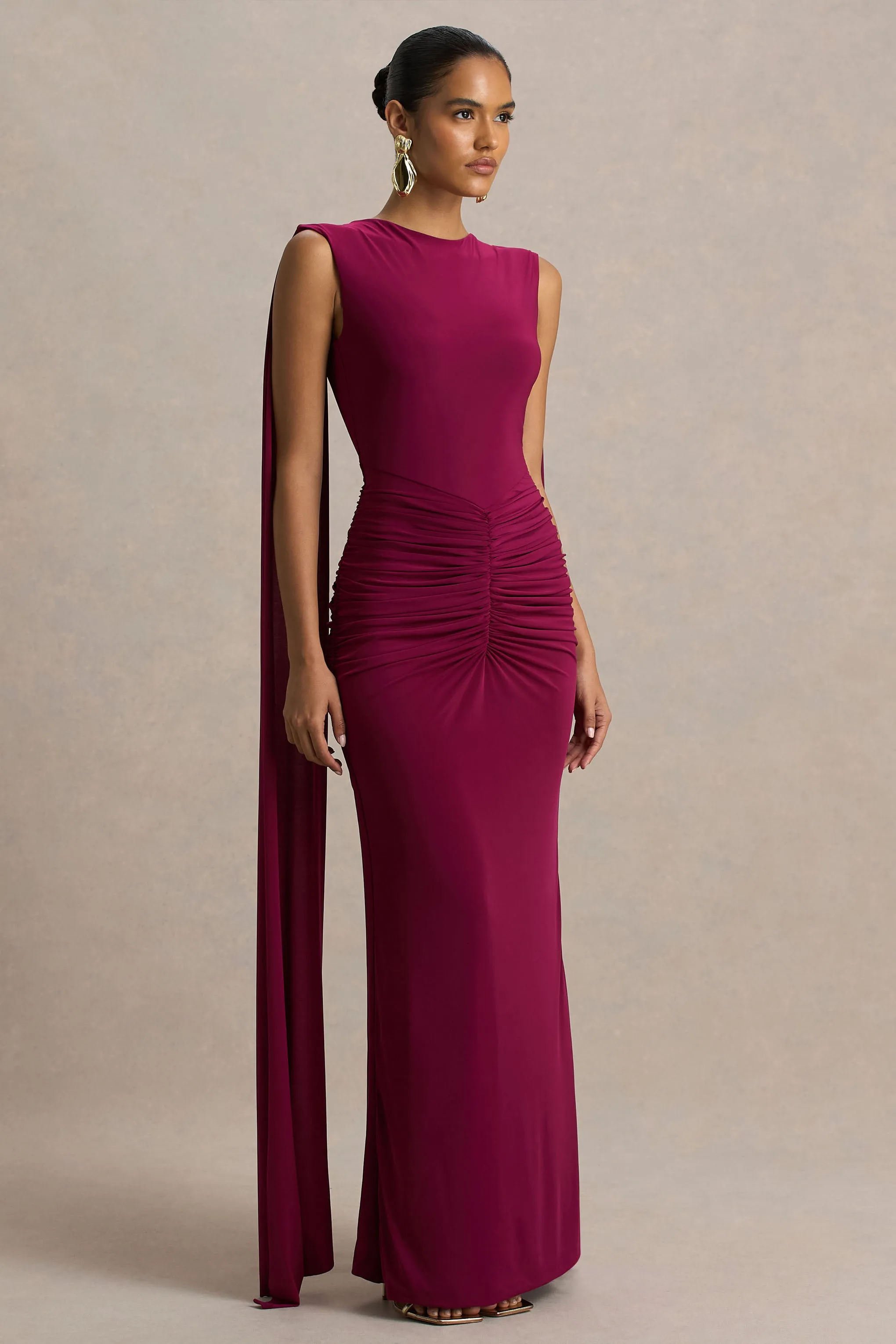 Premiere | Burgundy Boat-Neck Maxi Dress With Open-Back And Cape-Sleeves sold by Club L London product image thumbnail 4