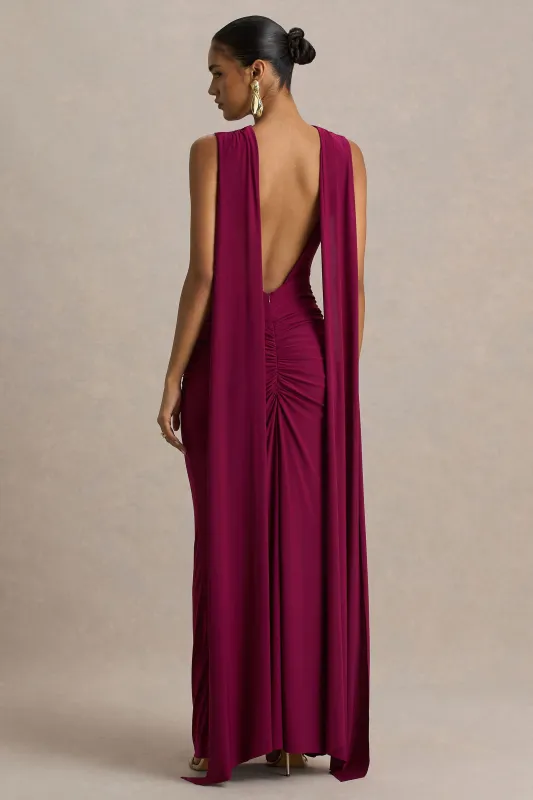 Premiere | Burgundy Boat-Neck Maxi Dress With Open-Back And Cape-Sleeves sold by Club L London