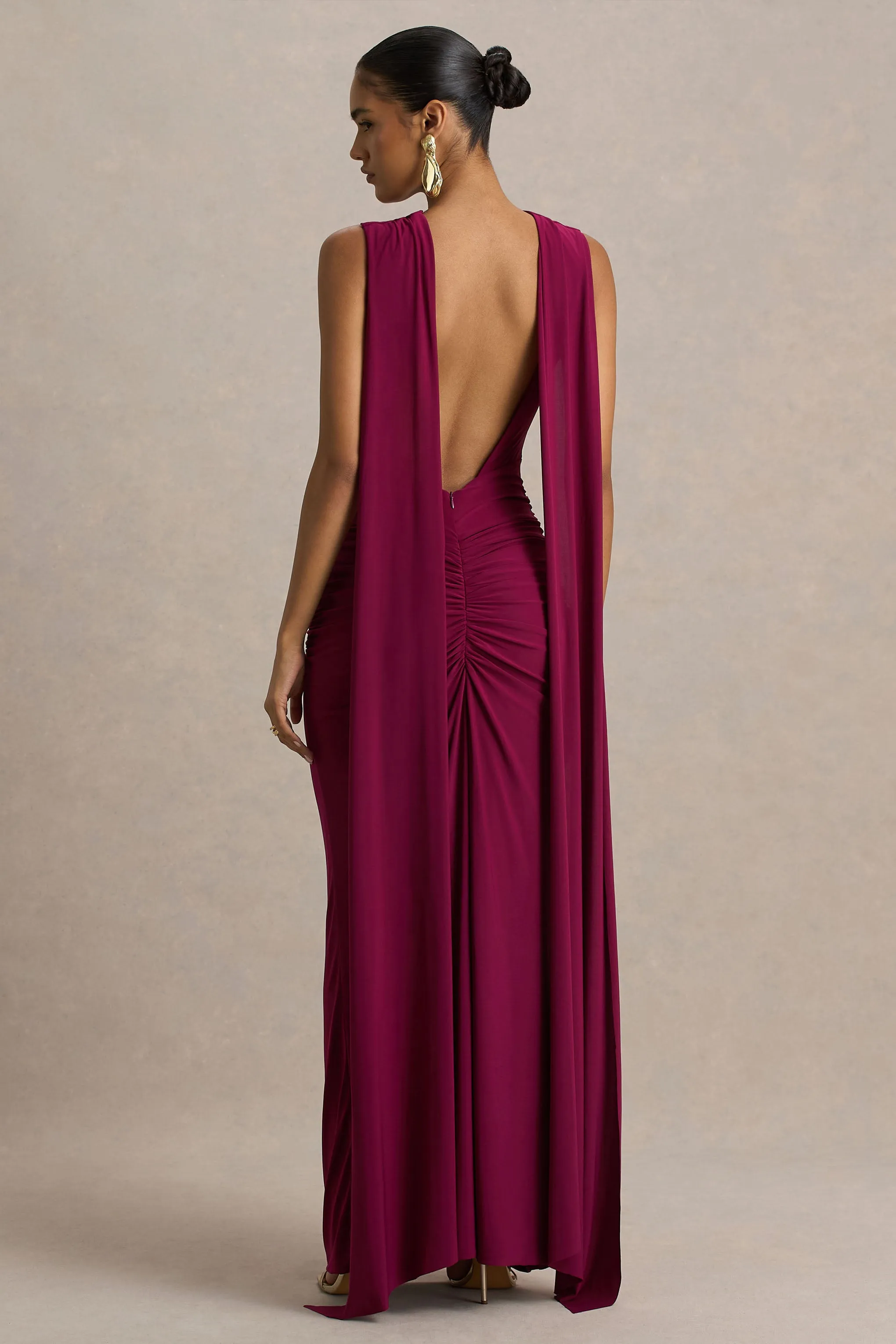 Premiere | Burgundy Boat-Neck Maxi Dress With Open-Back And Cape-Sleeves sold by Club L London