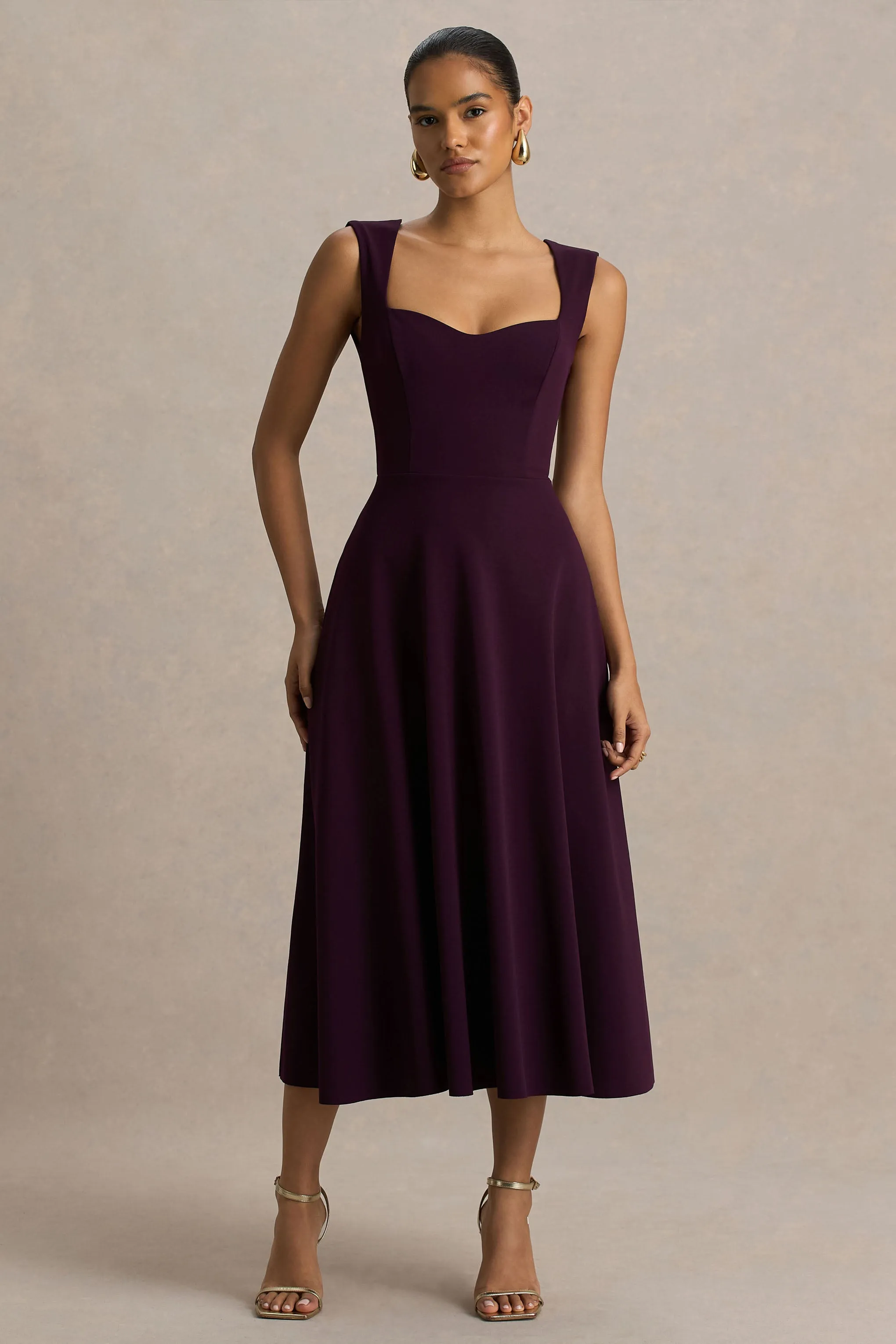 Andromeda | Burgundy Sweetheart-Neck Midi Dress sold by Club L London