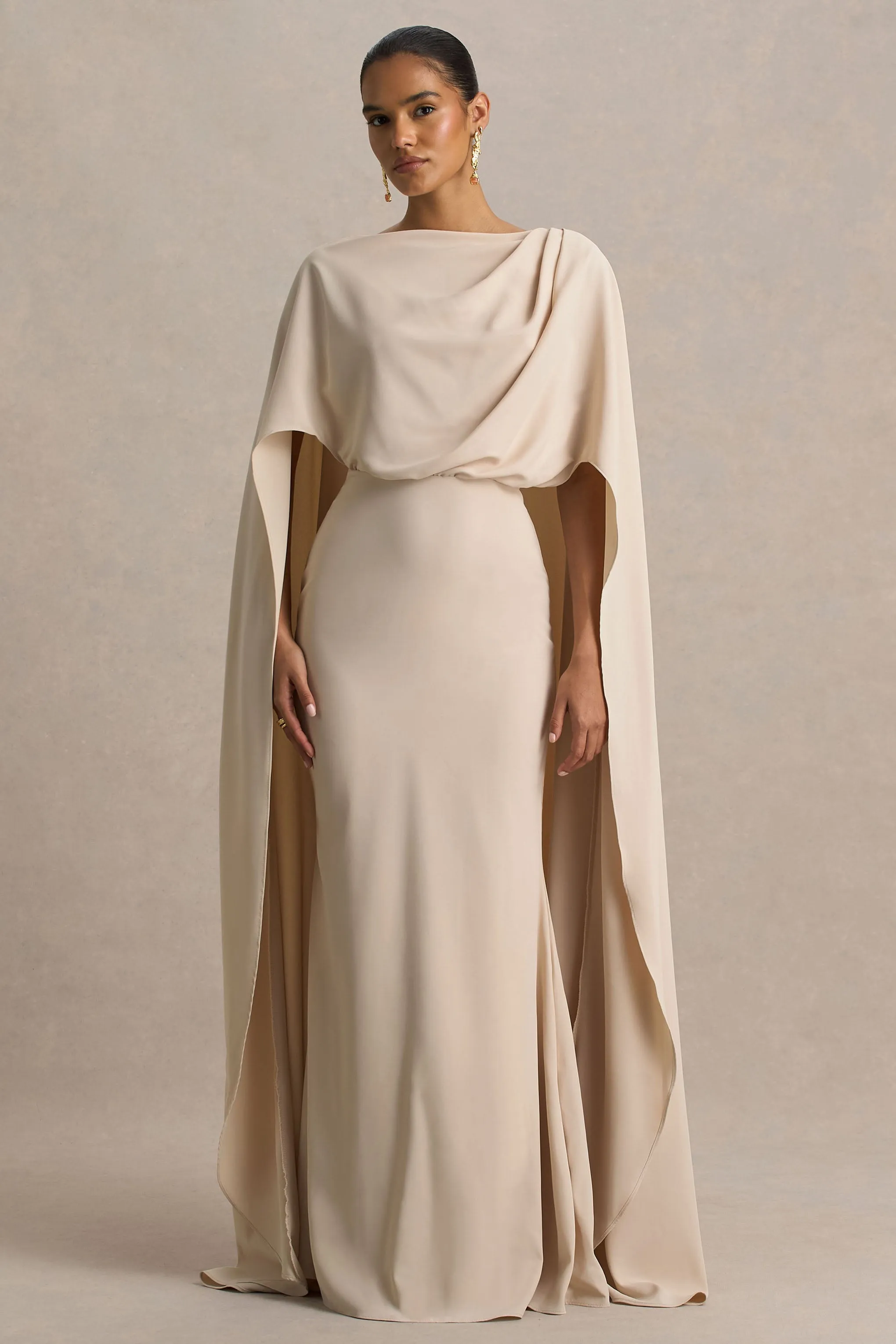 Pristina | Sand High-Neck Woven Maxi Dress With Cape Detail sold by Club L London product image thumbnail 3