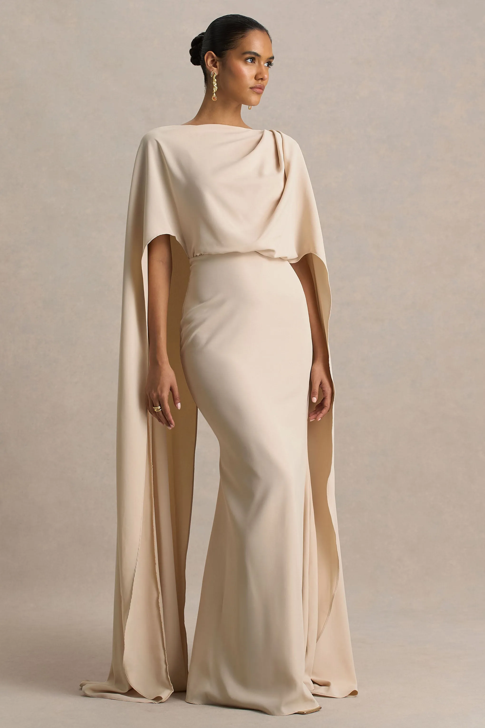 Pristina | Sand High-Neck Woven Maxi Dress With Cape Detail sold by Club L London product image thumbnail 4