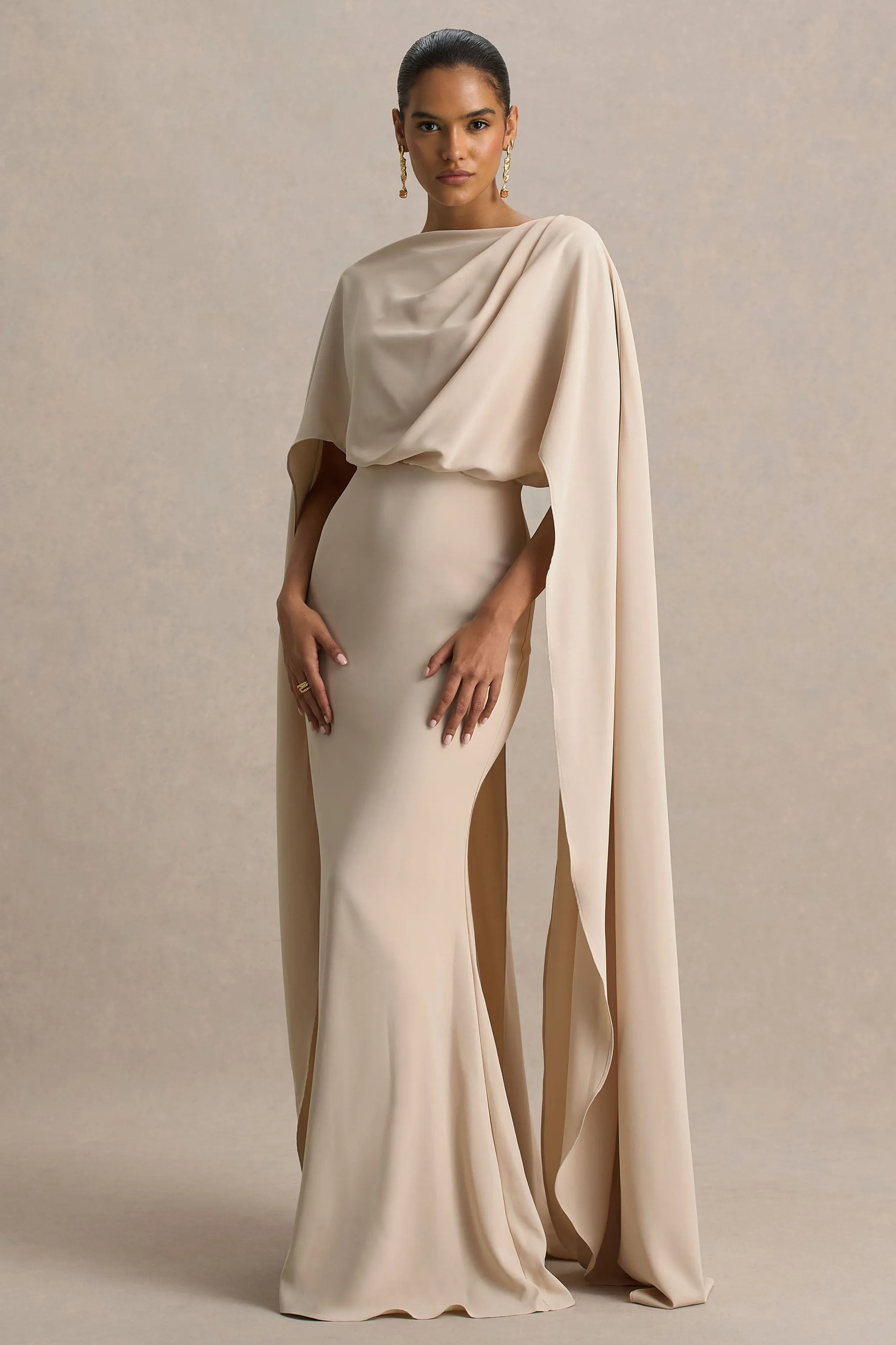 Pristina | Sand High-Neck Woven Maxi Dress With Cape Detail sold by Club L London