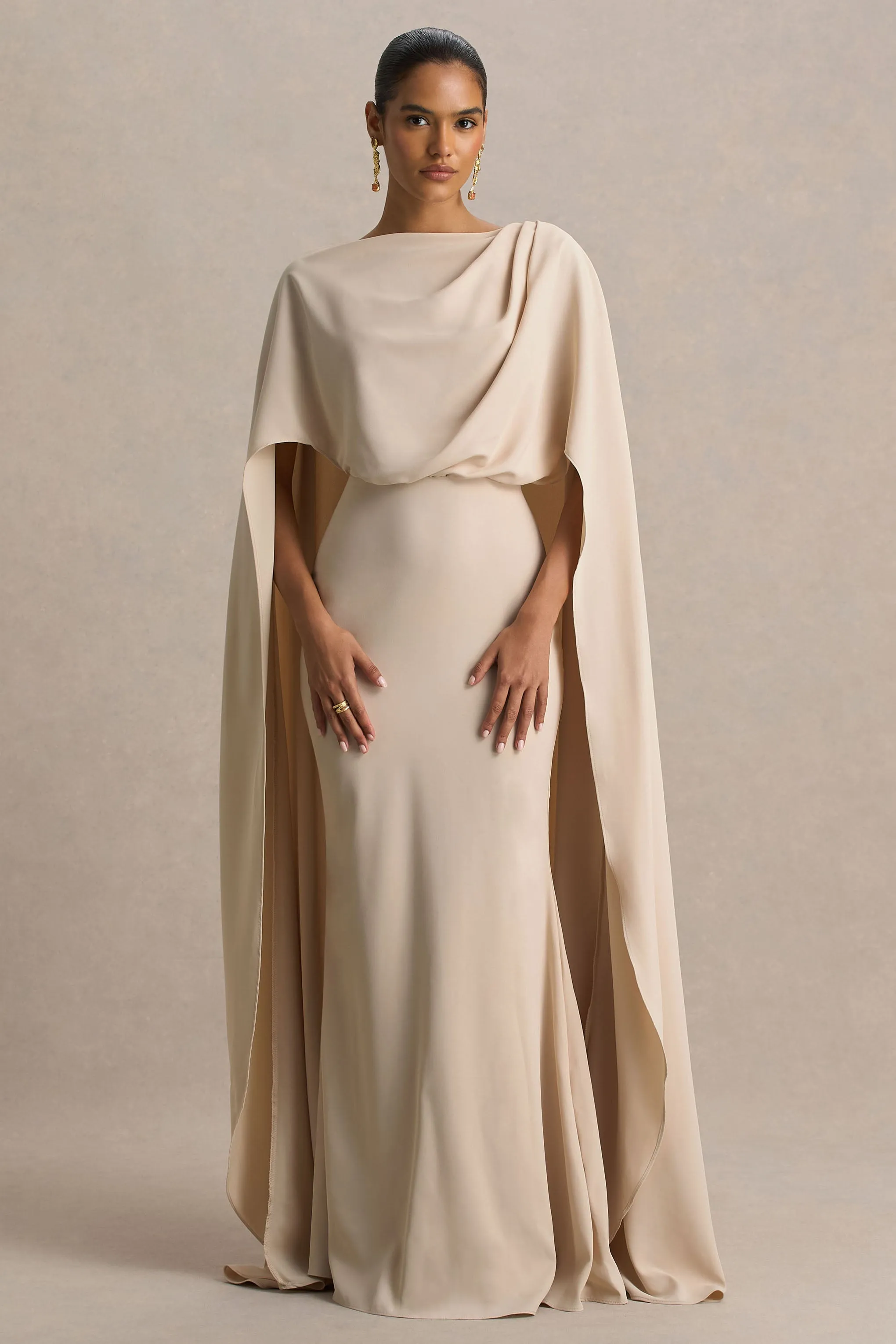 Pristina | Sand High-Neck Woven Maxi Dress With Cape Detail sold by Club L London product image thumbnail 5