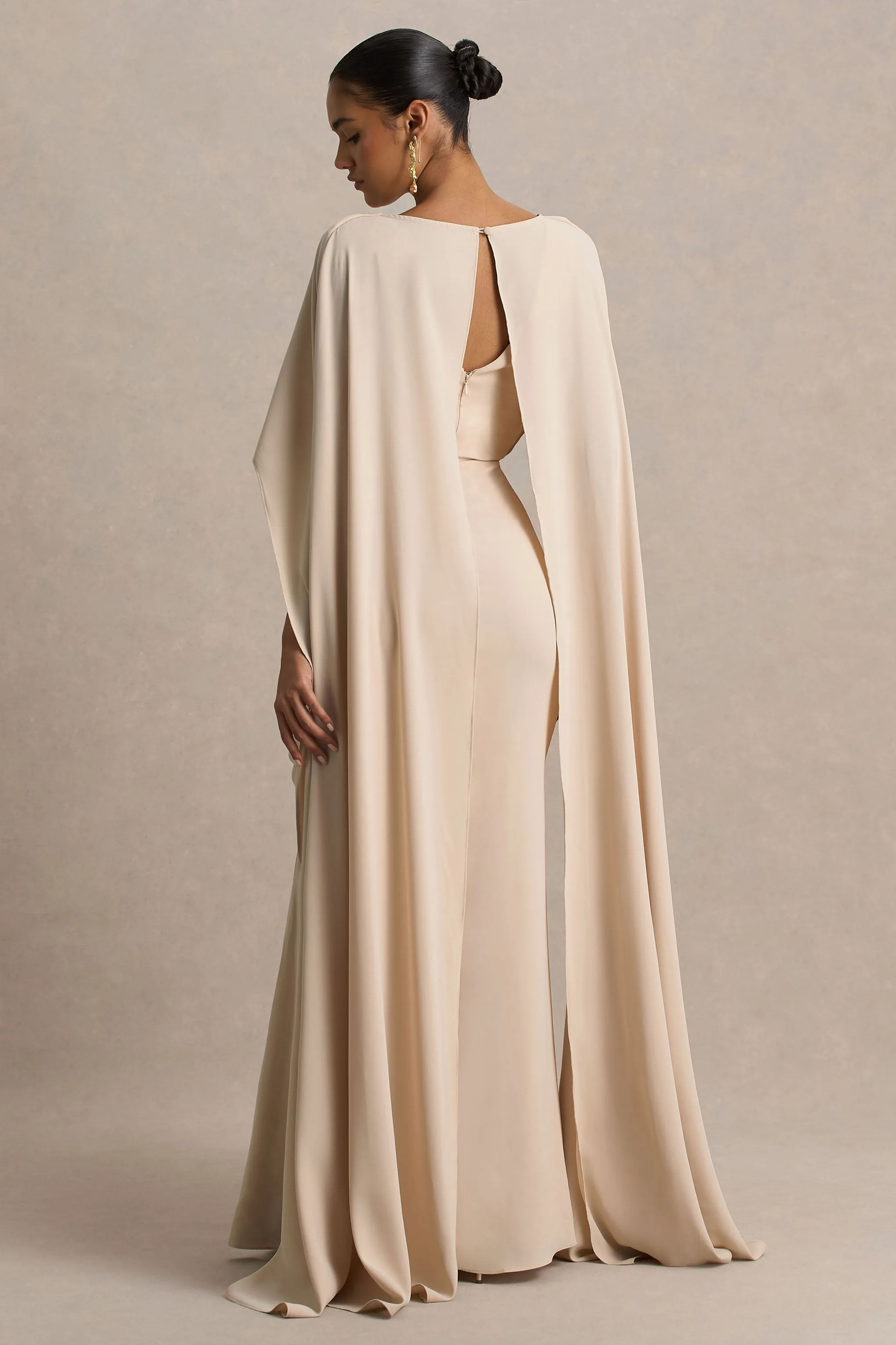 Pristina | Sand High-Neck Woven Maxi Dress With Cape Detail sold by Club L London product image thumbnail 2
