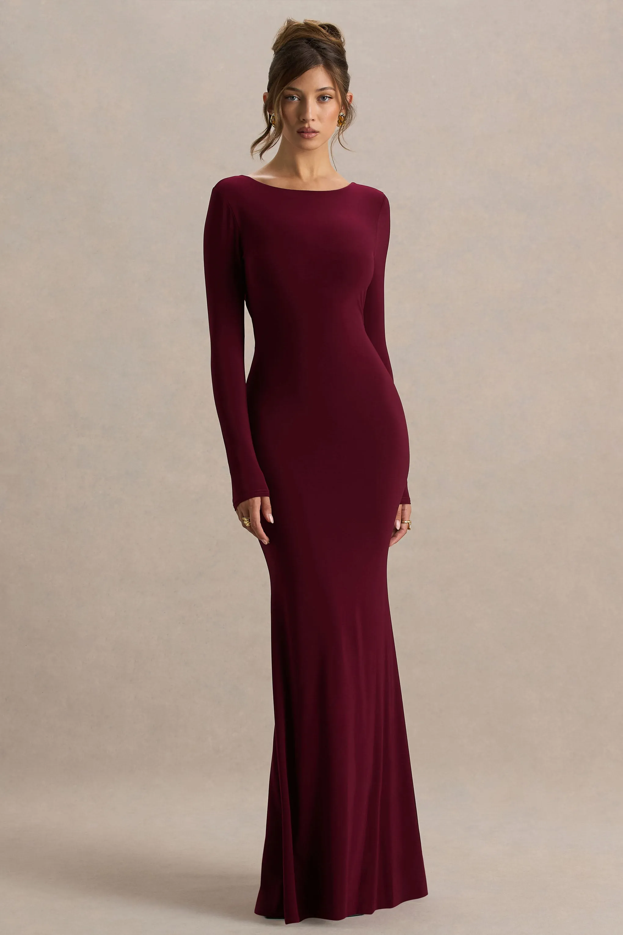 Estelle | Burgundy Boat-Neck Maxi Dress With Open-Back And Lace Detail sold by Club L London product image thumbnail 2