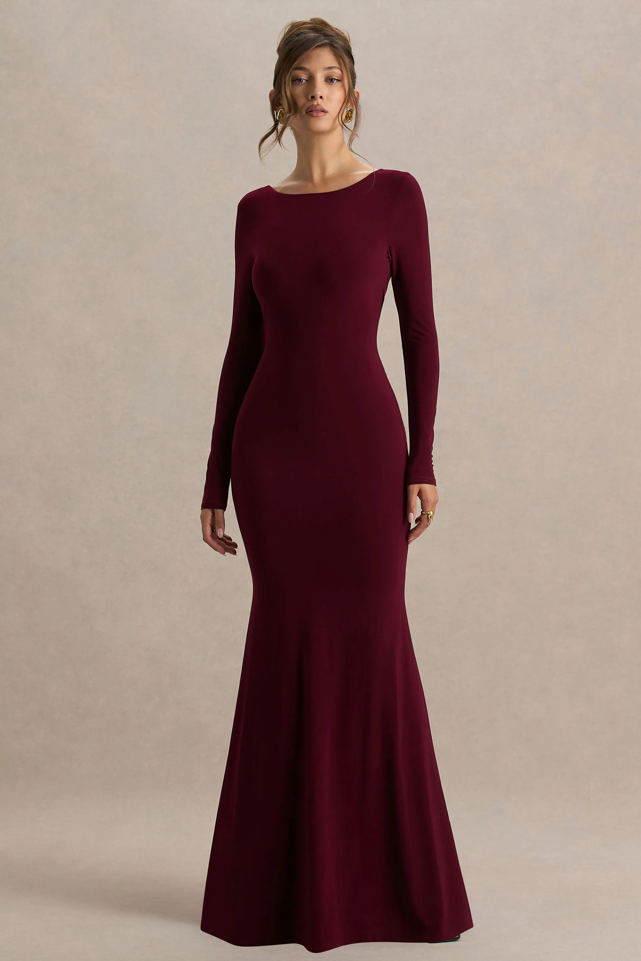 Estelle | Burgundy Boat-Neck Maxi Dress With Open-Back And Lace Detail sold by Club L London product image thumbnail 3