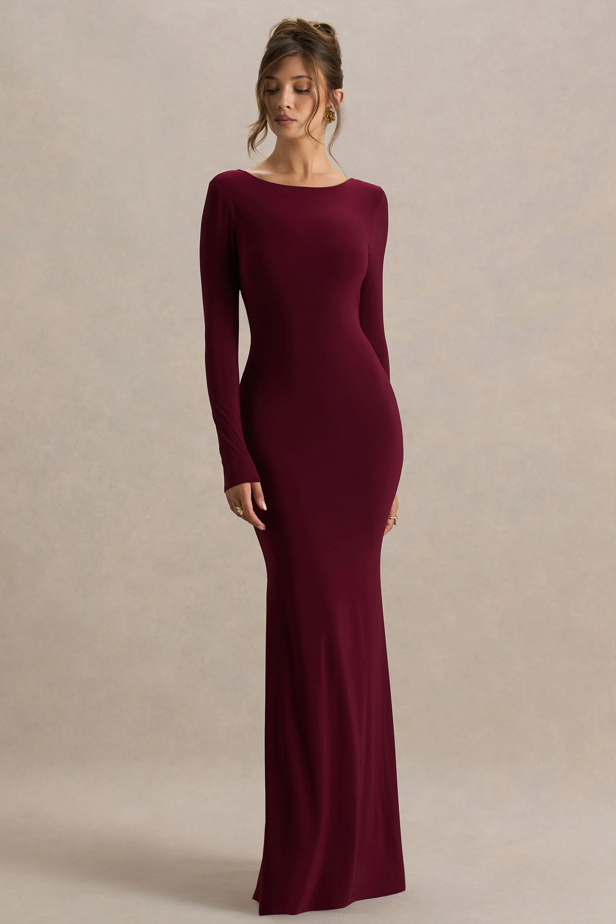 Estelle | Burgundy Boat-Neck Maxi Dress With Open-Back And Lace Detail sold by Club L London product image thumbnail 4