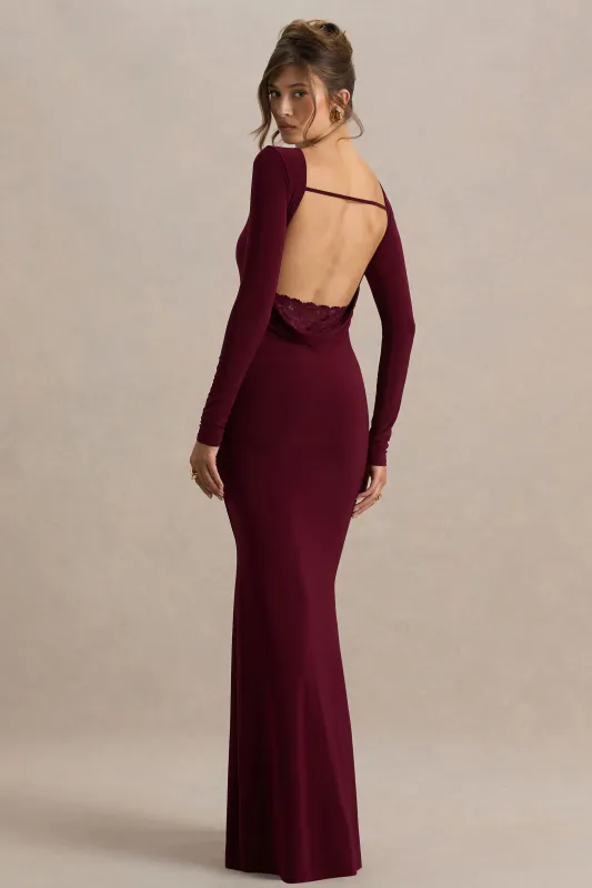 Estelle | Burgundy Boat-Neck Maxi Dress With Open-Back And Lace Detail sold by Club L London