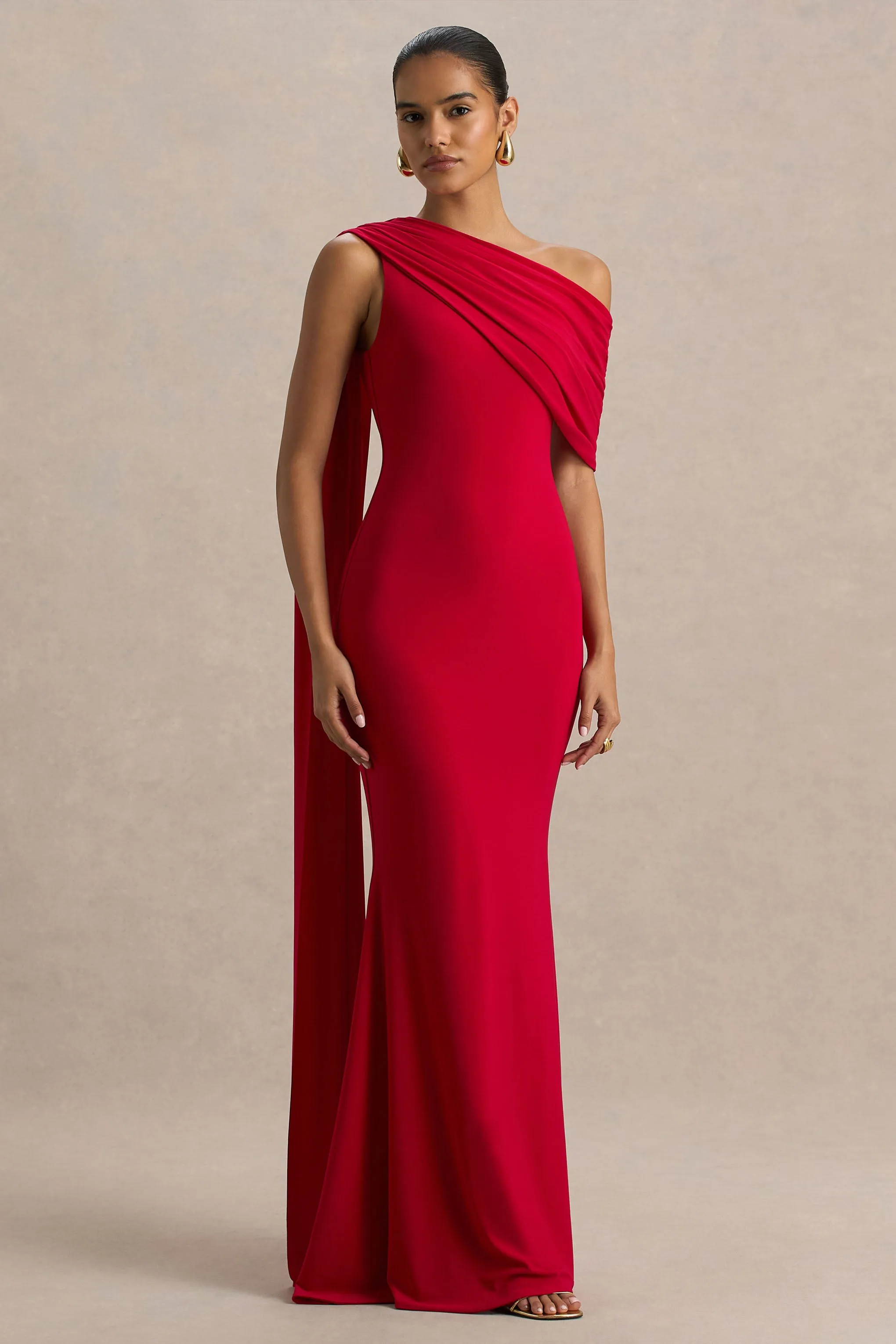 Zendaya | Red Asymmetric-Neck Fishtail Maxi Dress With Cape Detail sold by Club L London product image thumbnail 4