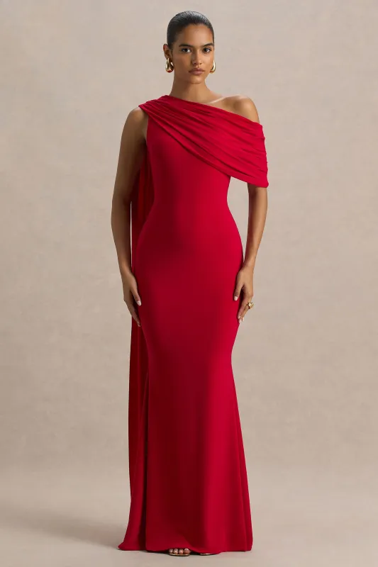 Zendaya | Red Asymmetric-Neck Fishtail Maxi Dress With Cape Detail sold by Club L London