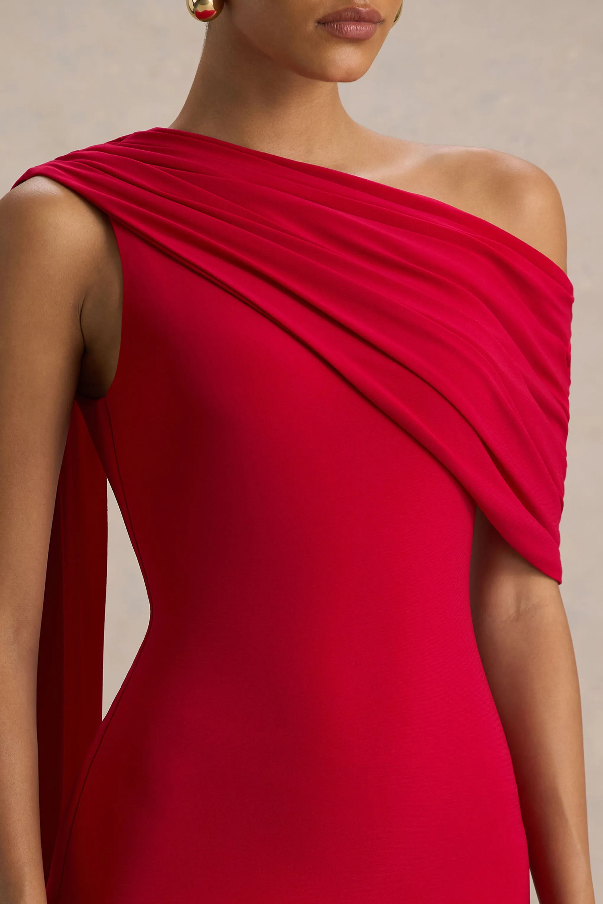 Zendaya | Red Asymmetric-Neck Fishtail Maxi Dress With Cape Detail sold by Club L London product image thumbnail 5