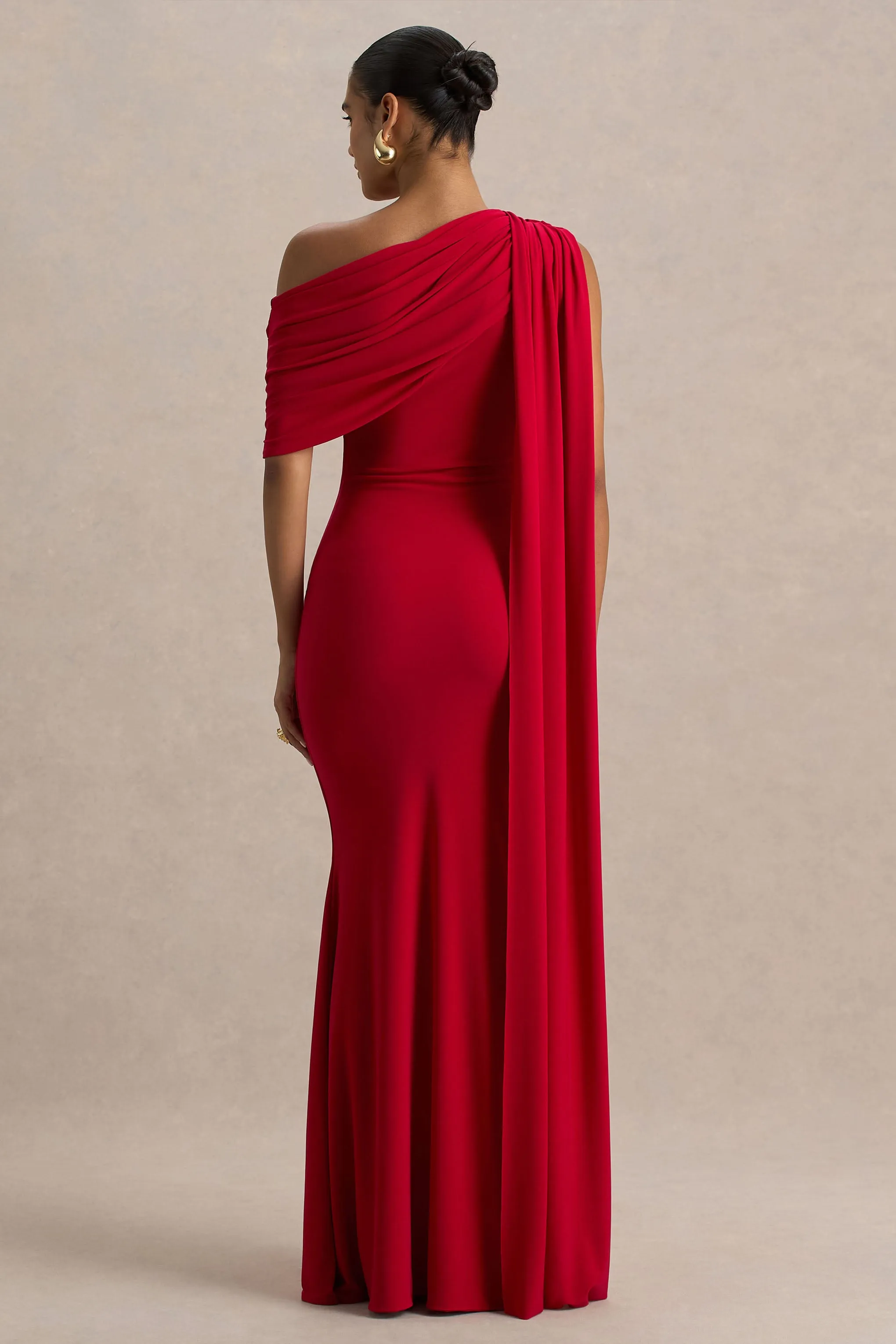 Zendaya | Red Asymmetric-Neck Fishtail Maxi Dress With Cape Detail sold by Club L London product image thumbnail 2