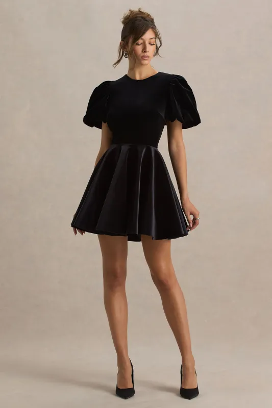 Priya | Black Velvet Mini Dress With Puff Sleeves sold by Club L London