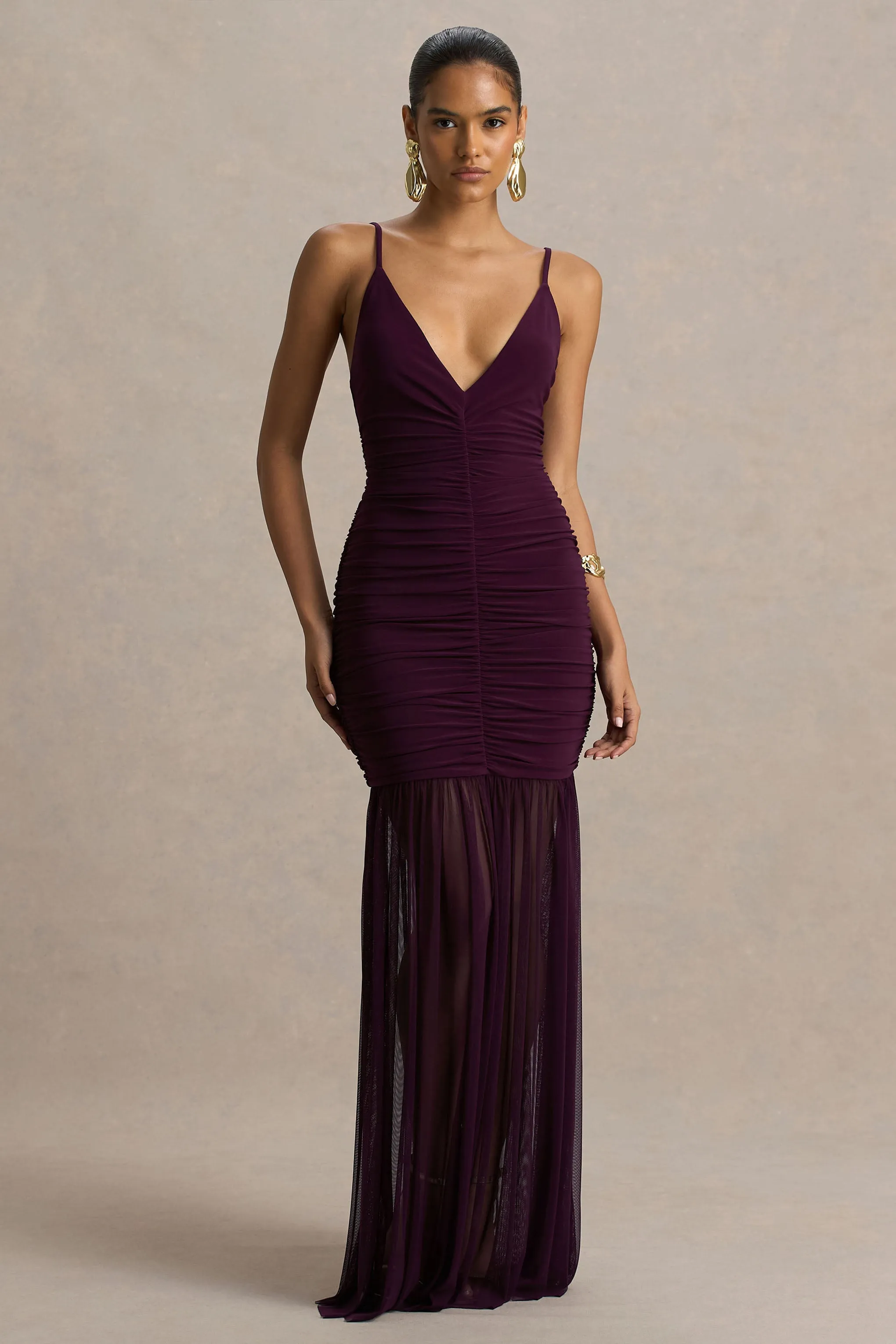 Pasqualina | Plum Ruched Plunge-Neck Maxi Dress sold by Club L London product image thumbnail 3