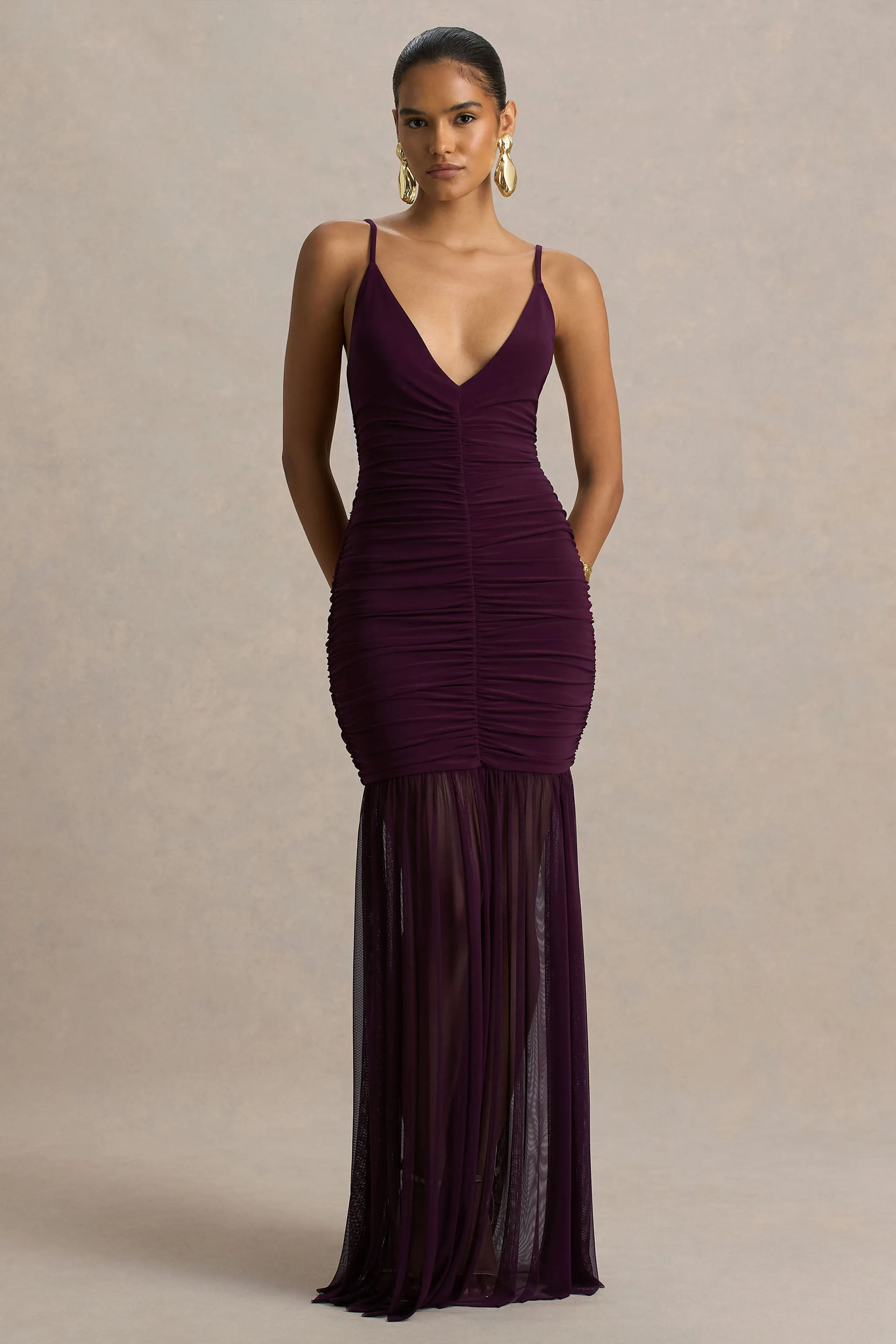 Pasqualina | Plum Ruched Plunge-Neck Maxi Dress sold by Club L London product image thumbnail 4